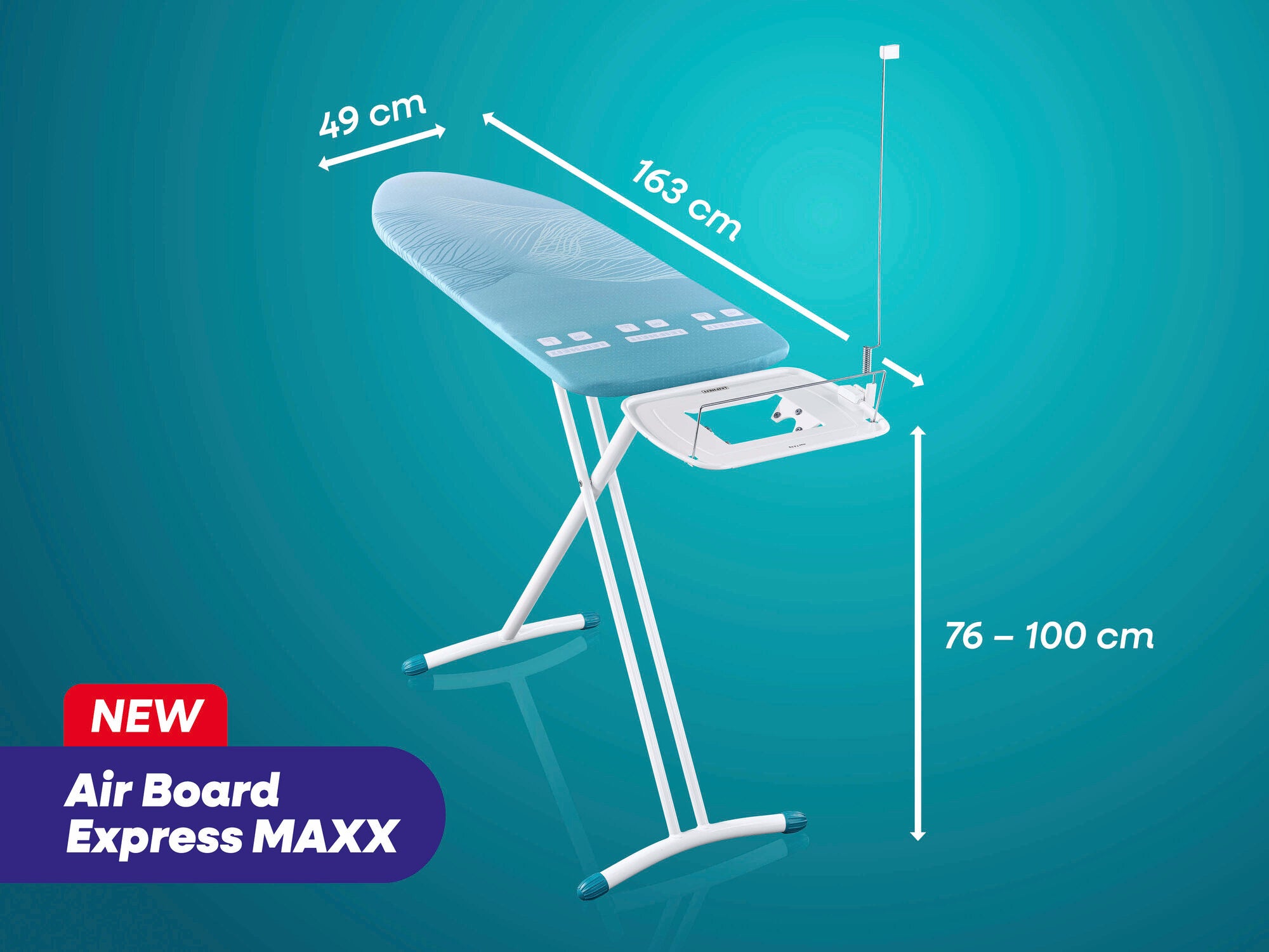 Bügeltisch Air Board Express MAXX von Leifheit mit einer Bügelfläche von 163 x 49 cm. Höhenverstellbar von 76 bis 100 cm. Stabiler Stand, ideal für effizientes Bügeln.