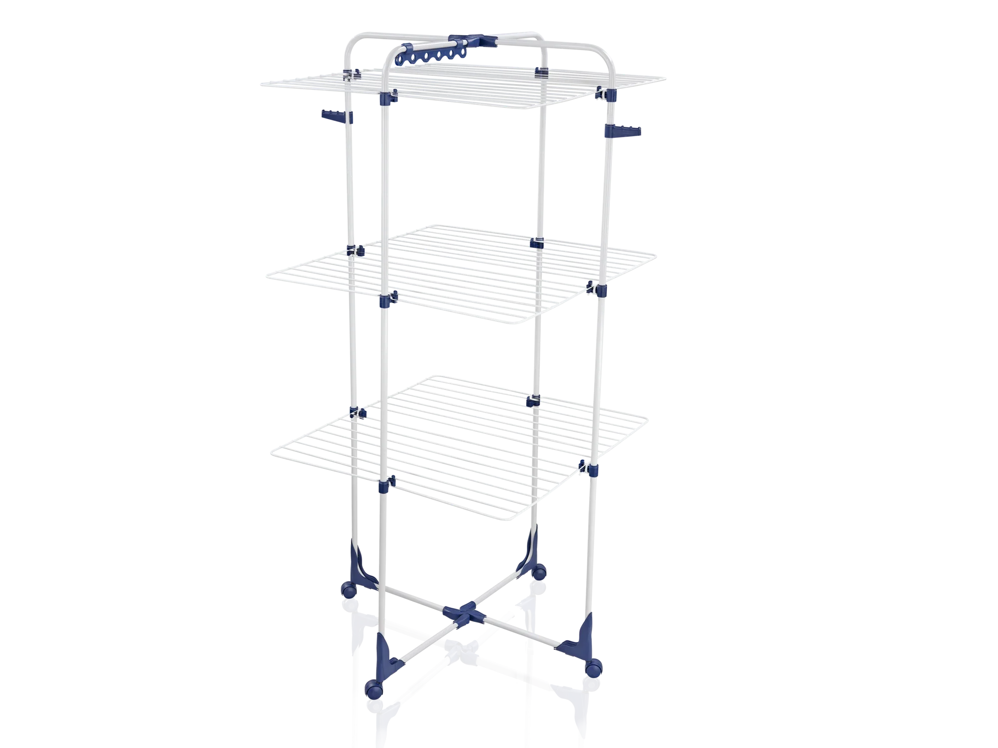 Turmtrockner Classic 340 von Leifheit: Ein weißer, dreistöckiger Wäscheständer mit blauen Akzenten. Ideal für platzsparendes Trocknen von Kleidung in kleinen Räumen.