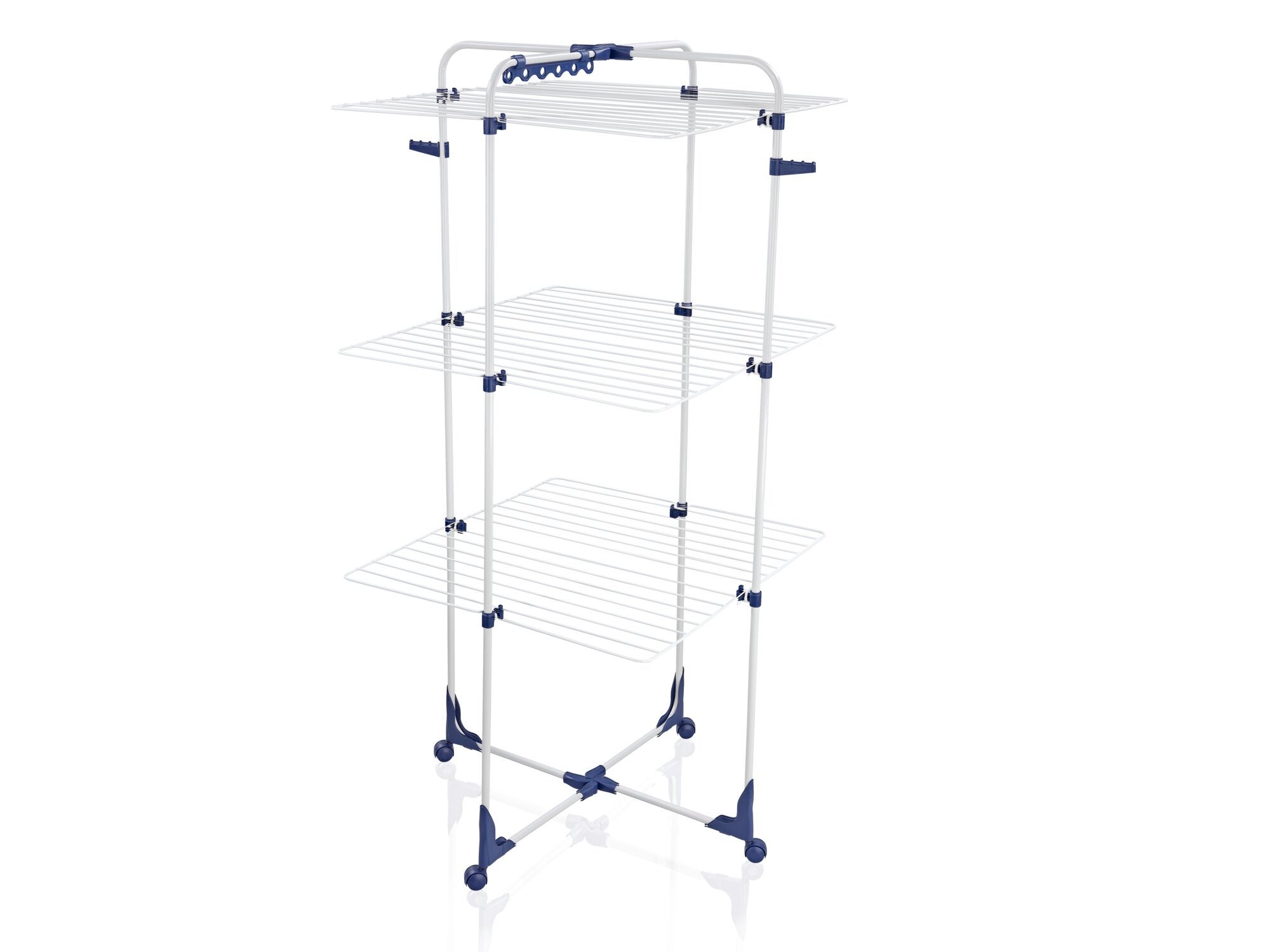 Turmtrockner Classic 340 von Leifheit: Ein weißer, dreistöckiger Wäscheständer mit blauen Akzenten. Ideal für platzsparendes Trocknen von Kleidung in kleinen Räumen.