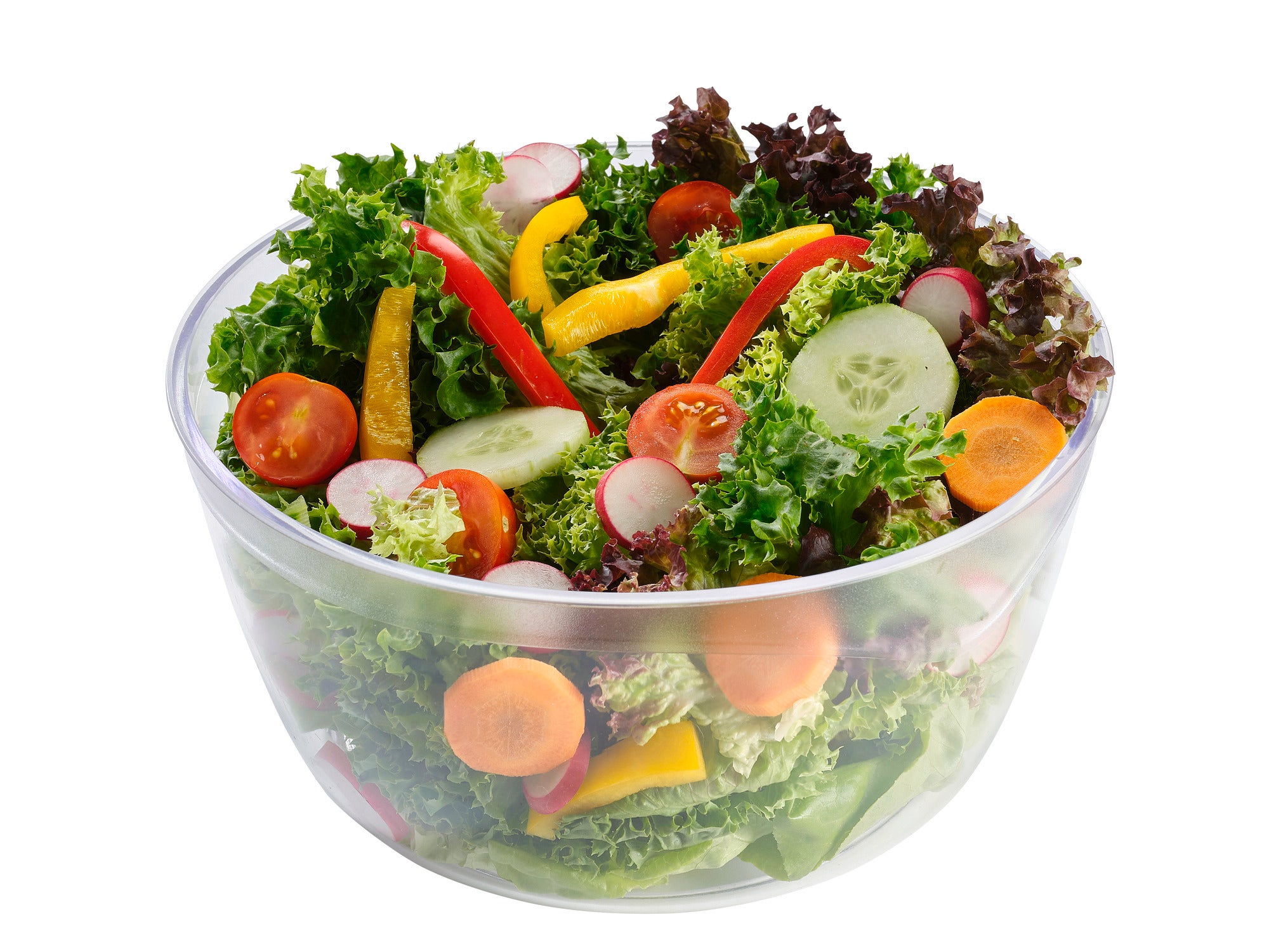 Salad spinner Trend 4,2 l: przezroczysta miska pełna świeżych, kolorowych składników sałatek, takich jak pomidory, ogórki, papryka i sałata liściasta. Idealna do suszenia i serwowania.