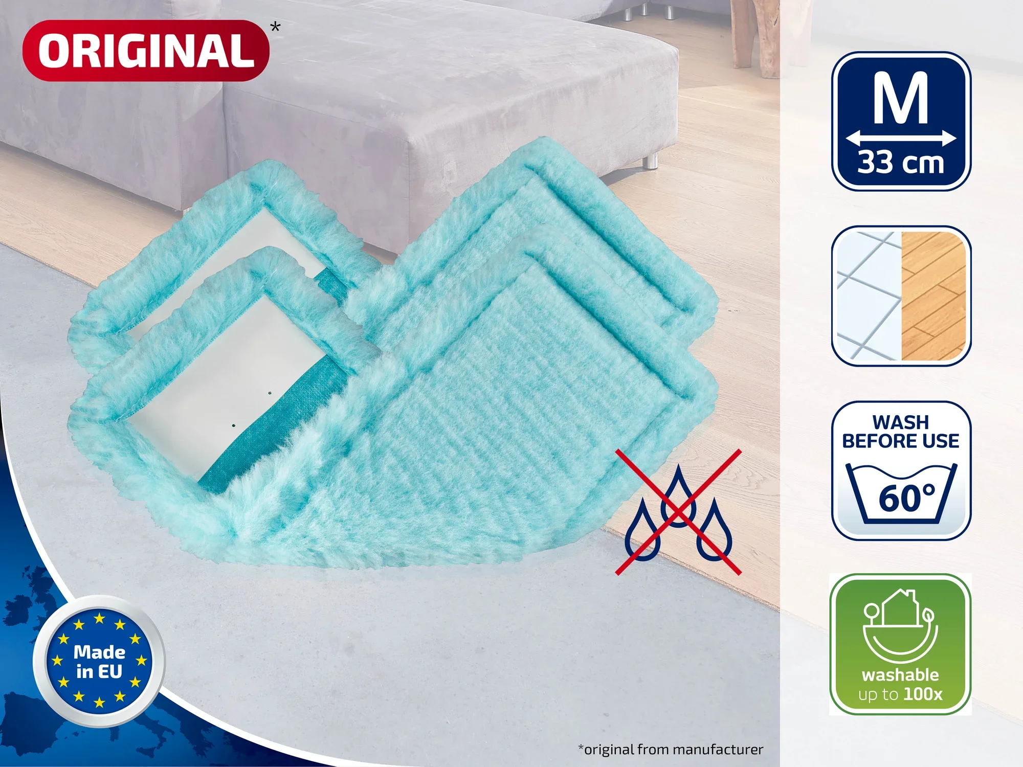 Bild eines Original-Moppbezugs in Größe M, 33 cm. Der Bezug ist waschbar bis 60 Grad und bis zu 100 Mal. Hergestellt in der EU, ideal für effiziente Bodenreinigung.
