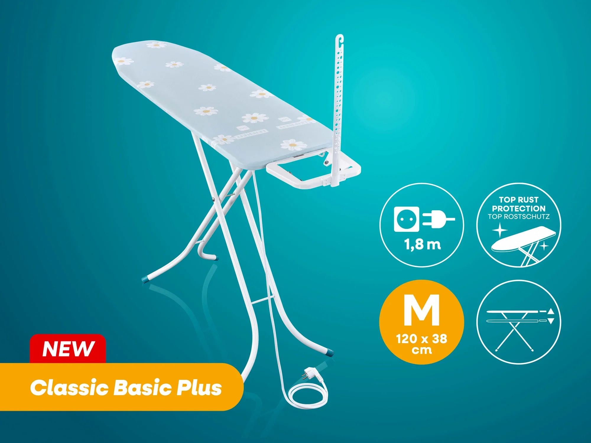 Bügeltisch Classic Basic Plus von Leifheit in Größe M, 120 x 38 cm. Ausgestattet mit Top-Rostschutz und einer Kabellänge von 1,8 m. Ideal für effizientes Bügeln.