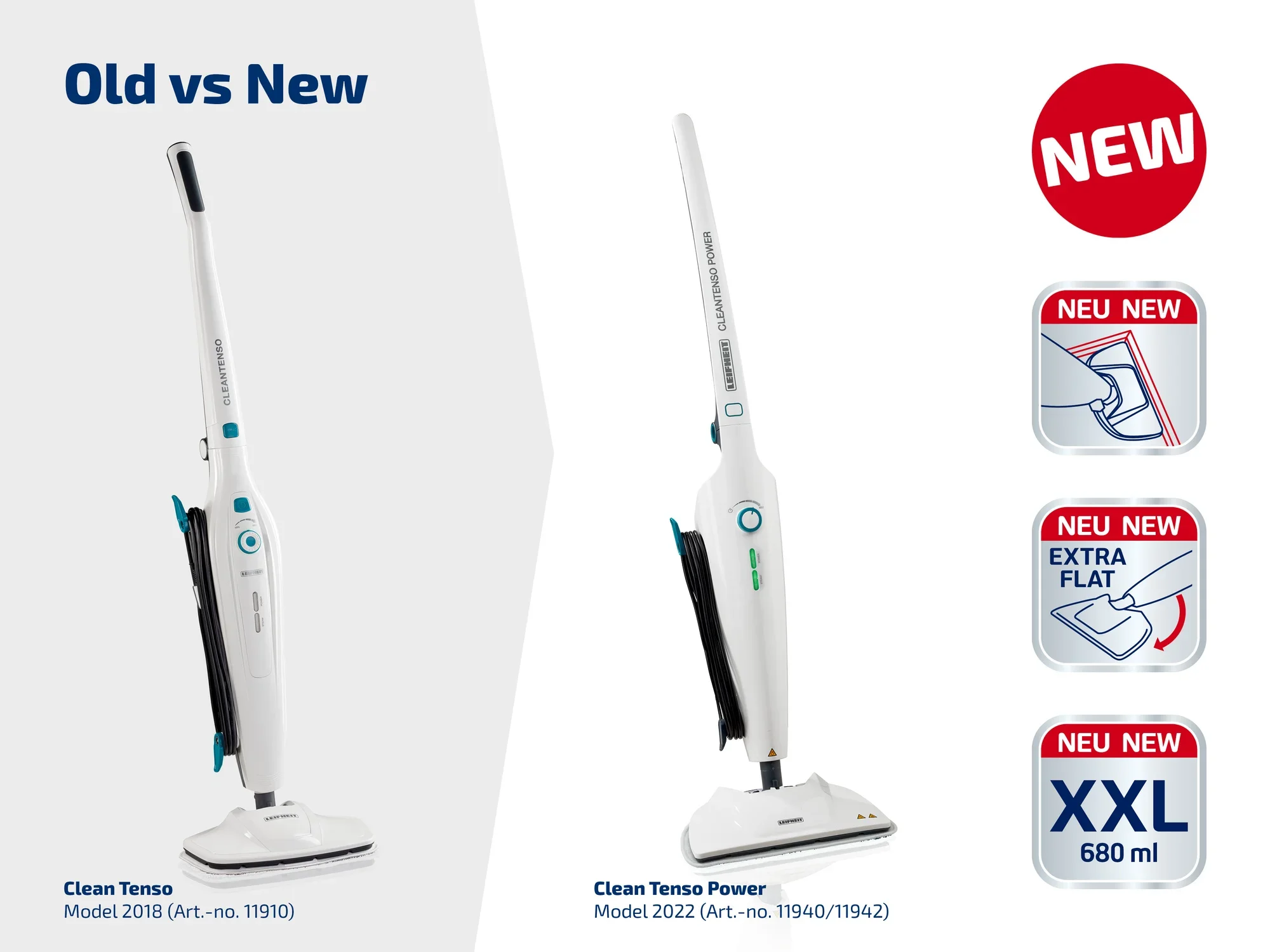 L'image montre deux modèles de nettoyeurs à vapeur : le Clean Tenso modèle 2018 et le Clean Tenso Power modèle 2022. Le nouveau modèle offre une plus grande capacité de réservoir d'eau de 680 ml et un design extra plat.