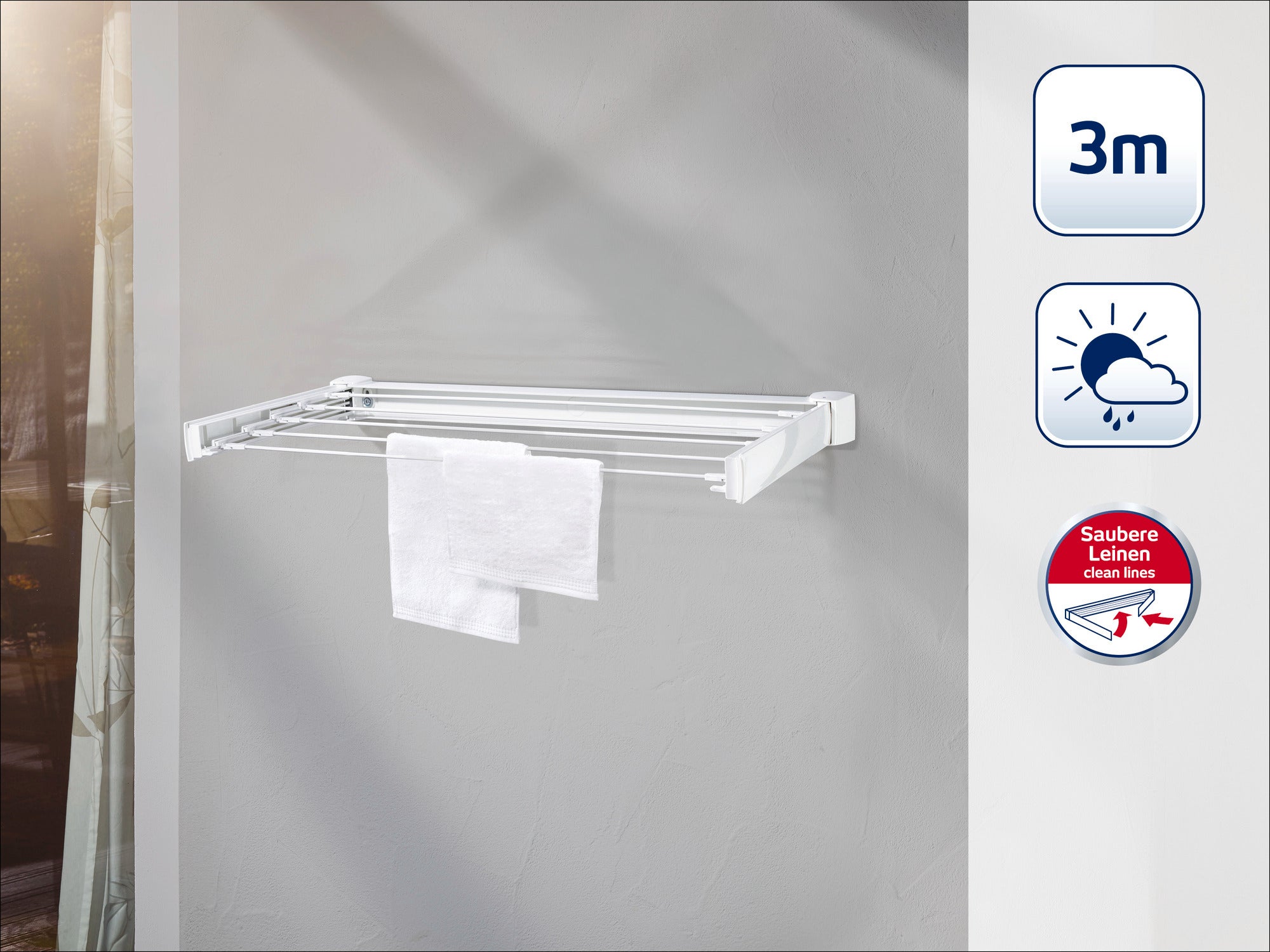 Sèche-linge mural fixé à un mur gris, avec des barres extensibles et une serviette blanche. Les symboles indiquent une longueur de 3 mètres, une résistance aux intempéries et des cordes propres.