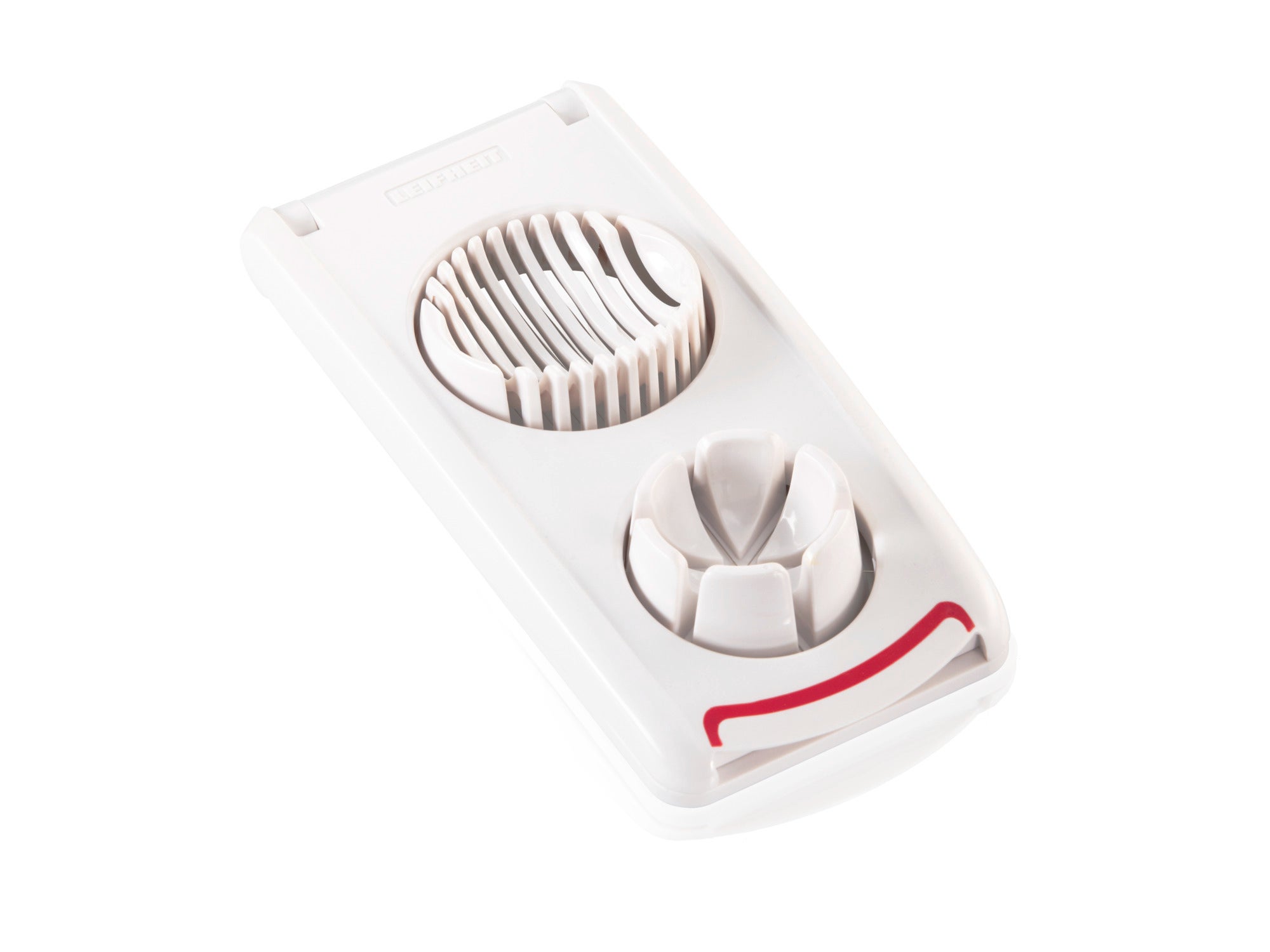 Ein weißer Eierschneider mit zwei Schneidvorrichtungen, ideal zum gleichmäßigen Schneiden von Eiern. Das kompakte Design erleichtert die Handhabung und Reinigung. Perfekt für die Küche.