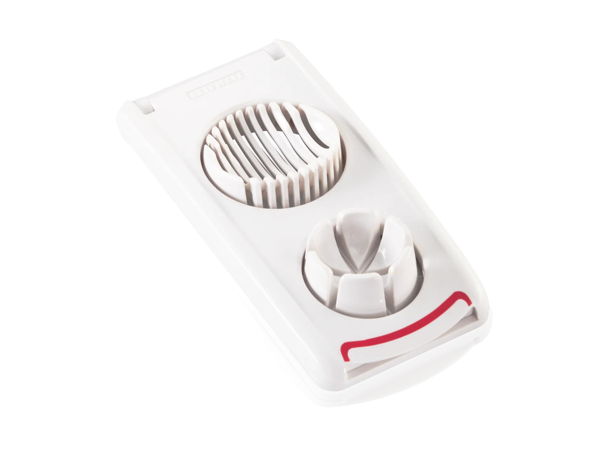 Een witte eiersnijder met twee snij-inrichtingen, ideaal om eieren gelijkmatig te snijden. Door het compacte ontwerp makkelijk te hanteren en schoon te maken. Perfect voor in de keuken.