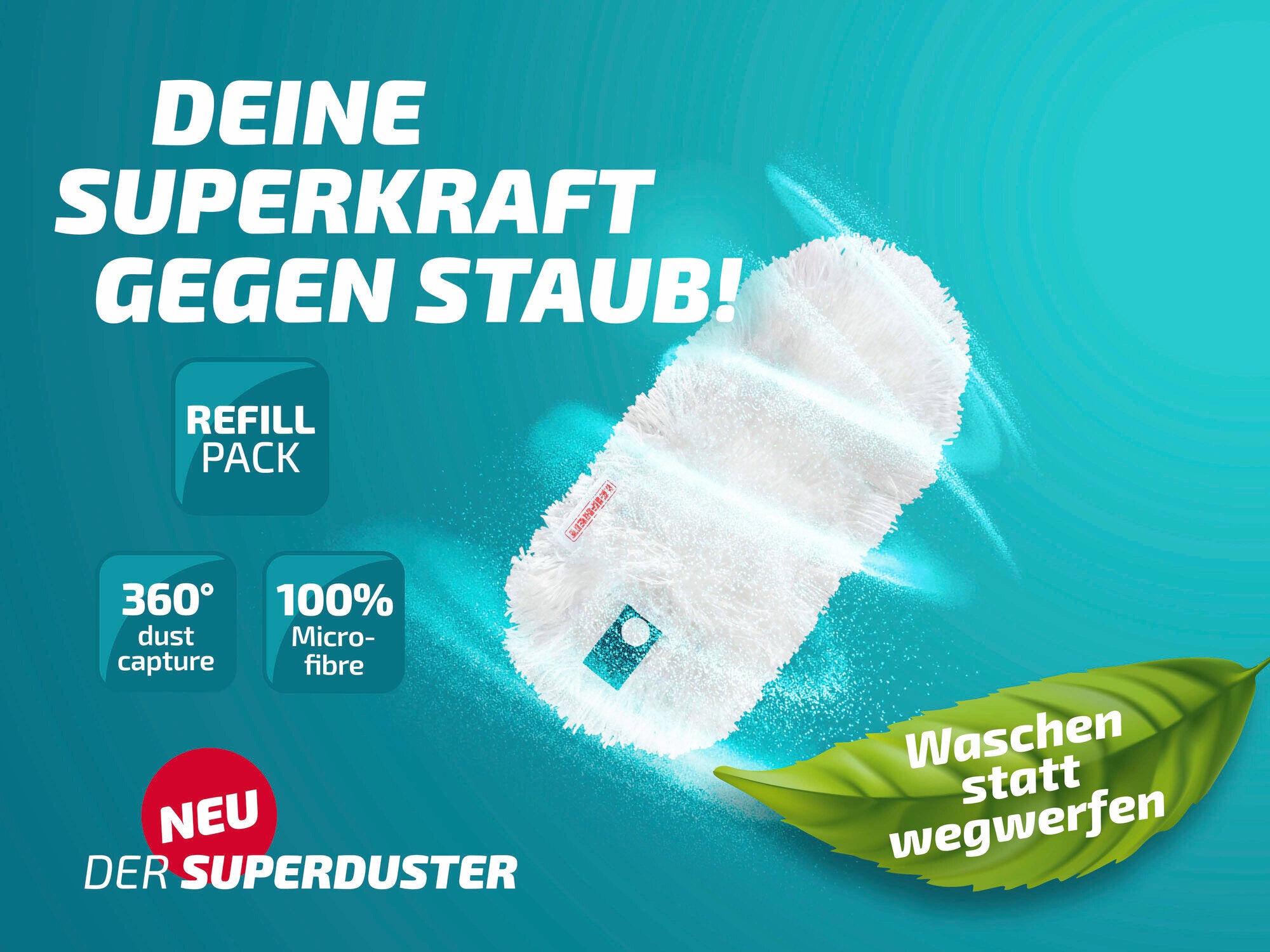 Der Leifheit Superduster Staubbezug bietet 360-Grad-Staubaufnahme und besteht aus 100% Mikrofaser. Er ist waschbar und wiederverwendbar, ideal für nachhaltige Reinigung.