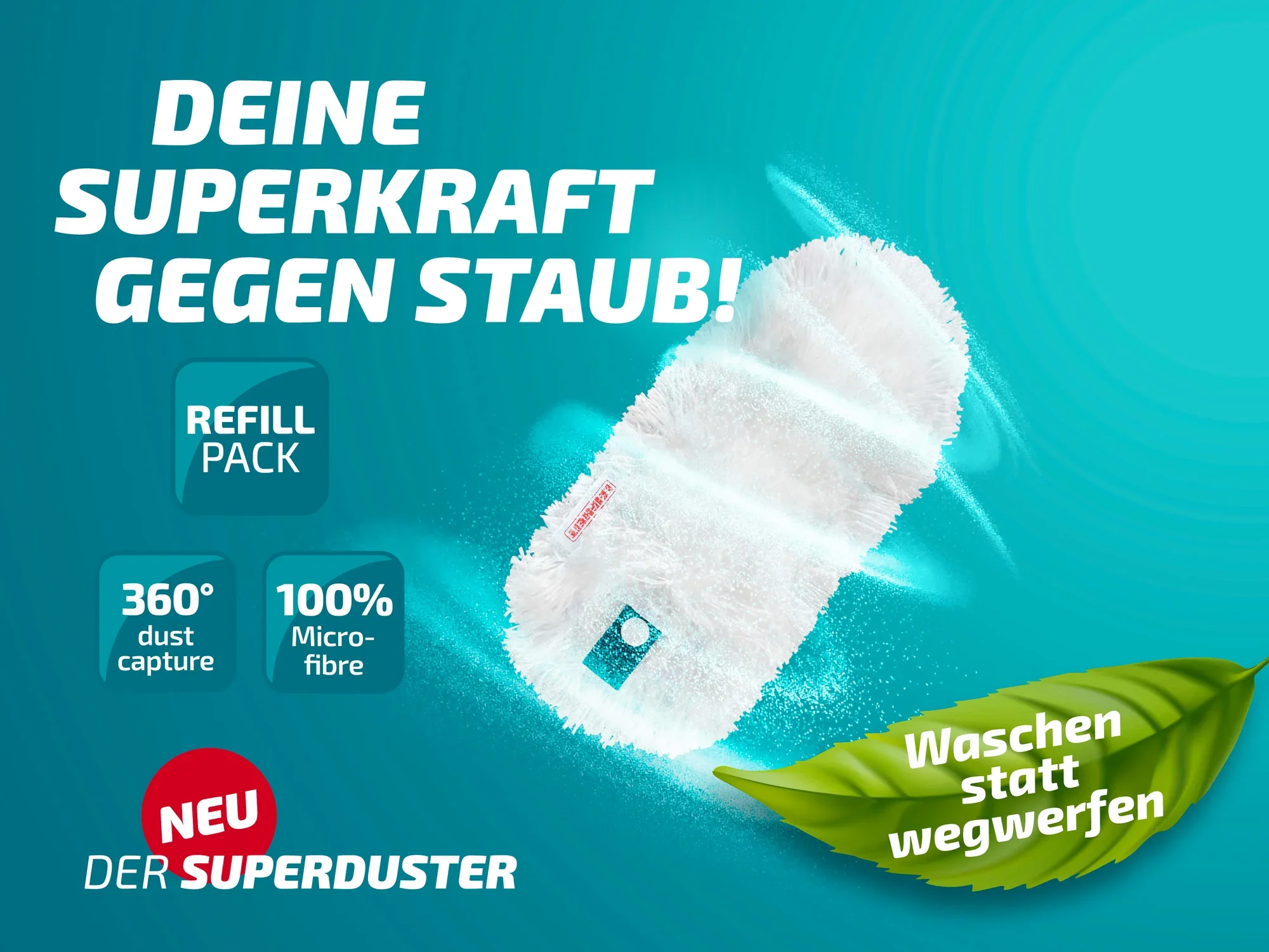 Der Leifheit Superduster Staubbezug bietet 360-Grad-Staubaufnahme und besteht aus 100% Mikrofaser. Er ist waschbar und wiederverwendbar, ideal für nachhaltige Reinigung.