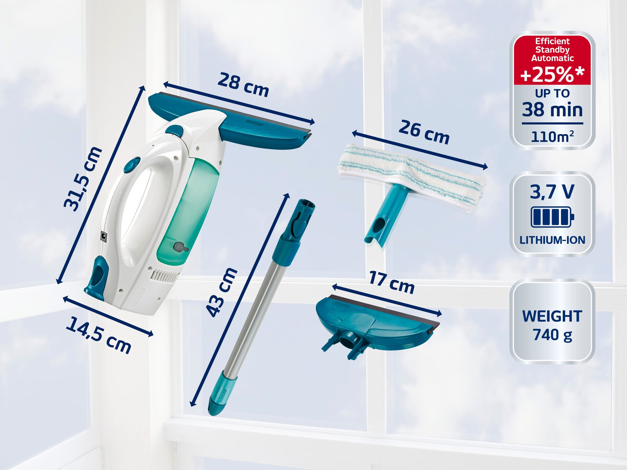 Aspirador de ventanas con accesorios: un aspirador de ventanas inalámbrico y eficiente con batería de iones de litio. Incluye una boquilla principal de 31,5 cm de largo, un tubo alargador de 43 cm y otros accesorios. Ideal para hasta 110 m² en 38 minutos.