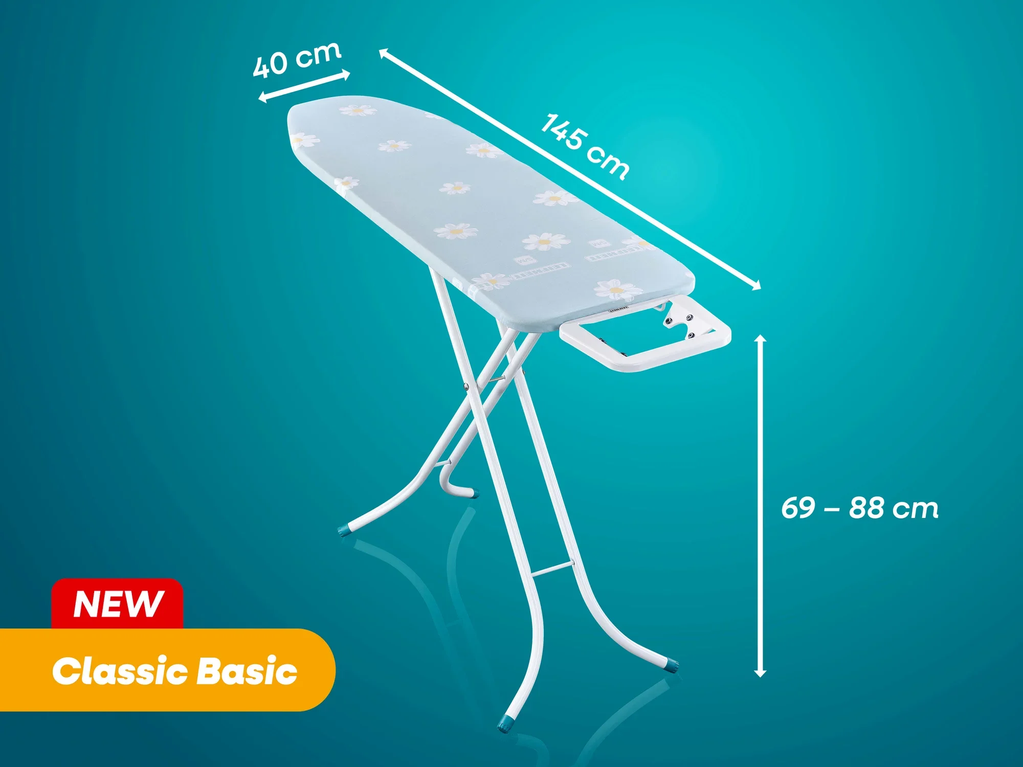 Bügeltisch Classic Basic von Leifheit mit einer Bügelfläche von 145 x 40 cm. Höhenverstellbar von 69 bis 88 cm. Stabiler Stand, ideal für komfortables Bügeln.