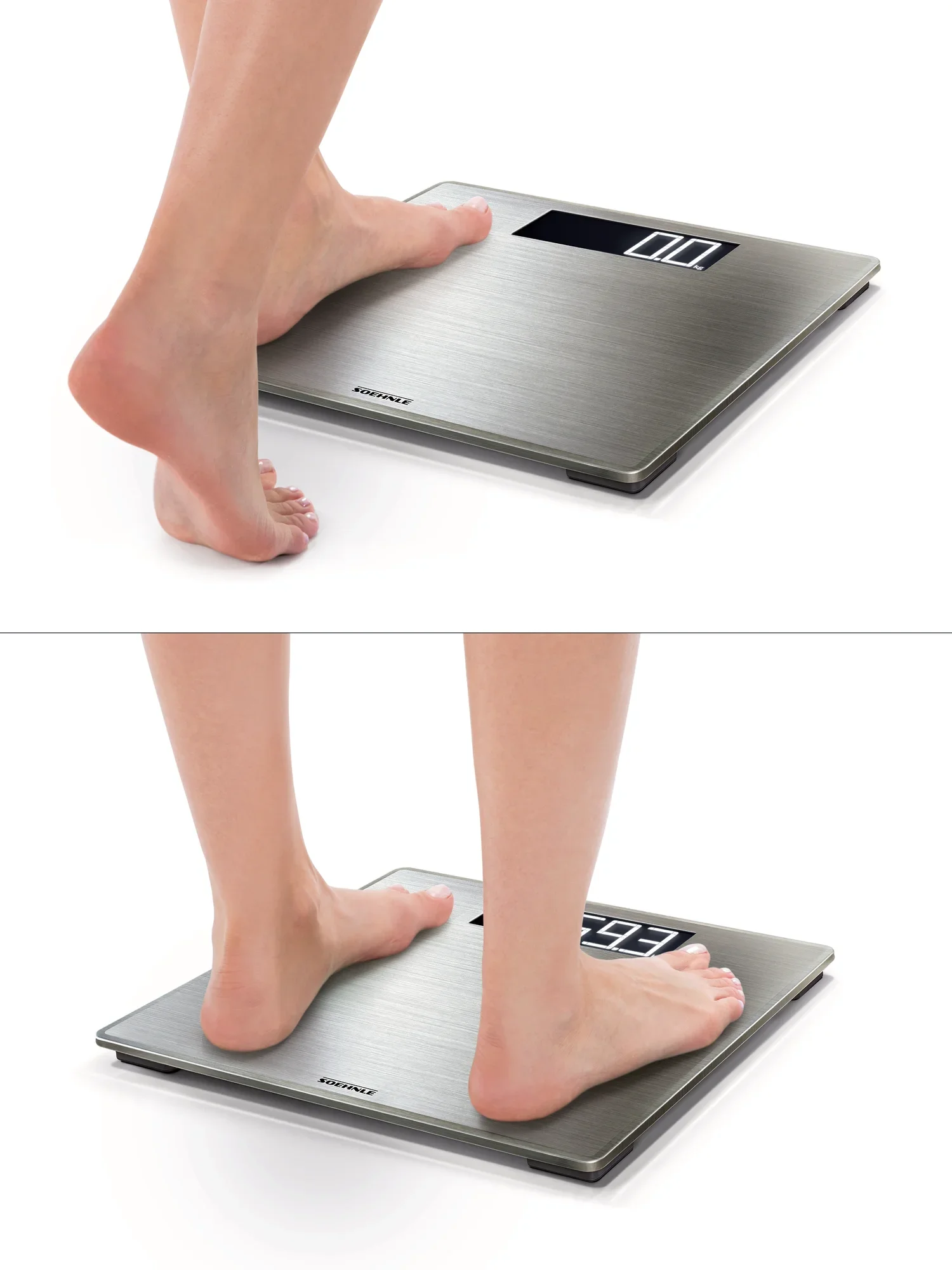 Osoba stoi na cyfrowej wadze łazienkowej, model Style Sense Safe 300. Waga ma elegancką, płaską powierzchnię wykonaną ze stali nierdzewnej i pokazuje wagę na czytelnym wyświetlaczu.