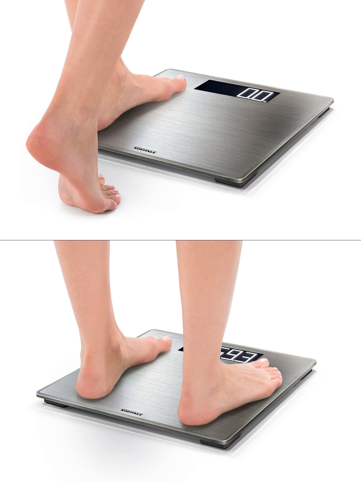 A person is standing on a Style Sense Safe 300 digital bathroom scale. The scale has an elegant, flat stainless steel surface and displays the weight on an easy-to-read display.