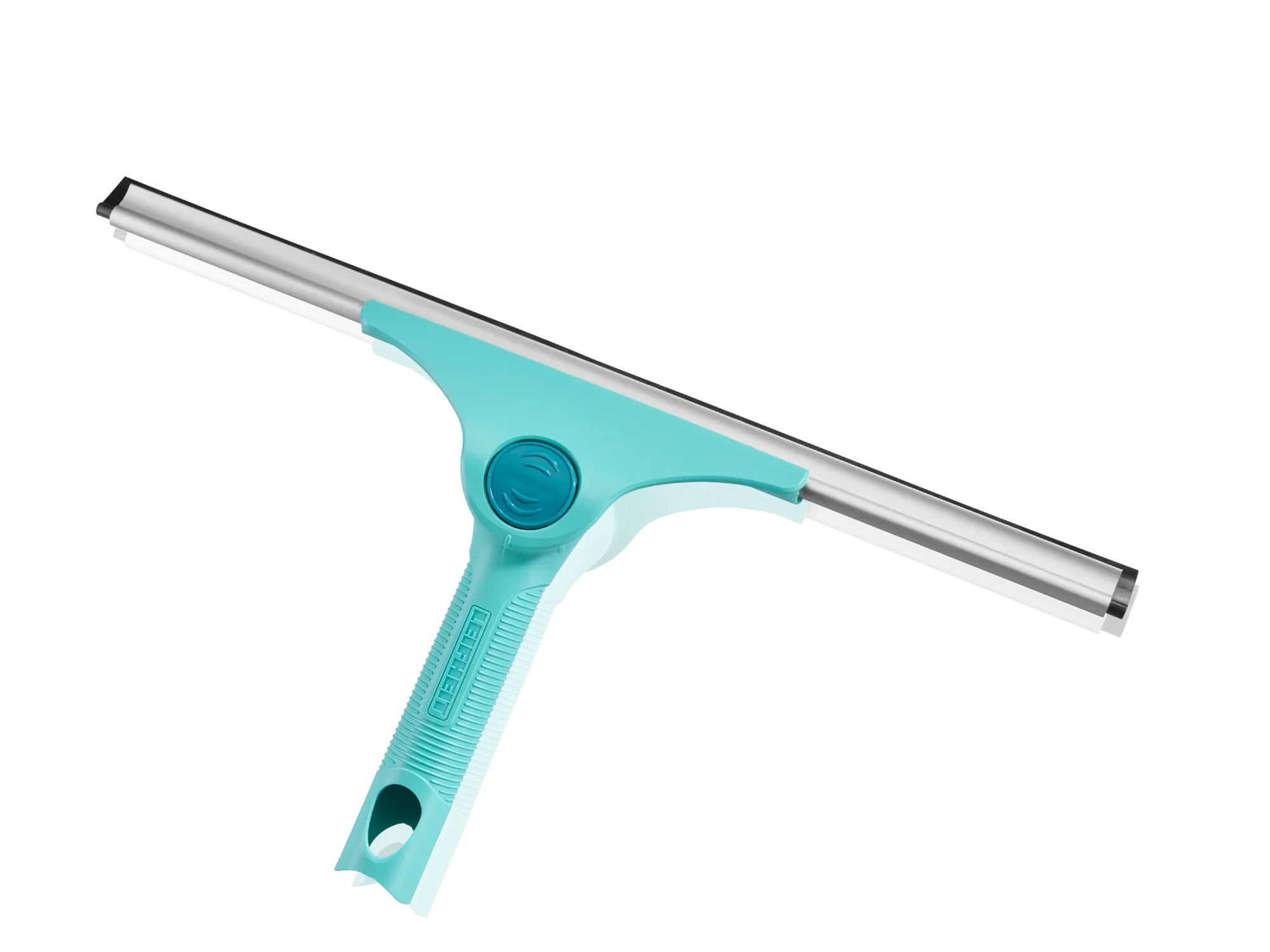 2in1 XL Pro Reach zuigmond: Een turquoise gekleurde raamwisser met ergonomische steel en brede rubberen lip voor het effectief reinigen van grote glasoppervlakken. Ideaal voor streeploze resultaten.