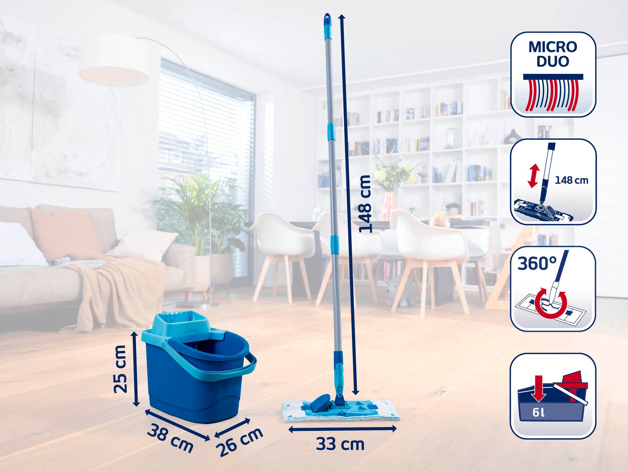 Ein Bodenwischer-Set mit einem blauen Eimer und einem Wischmopp mit 360-Grad-Drehfunktion. Der Eimer misst 38 cm in der Länge, 26 cm in der Breite und 25 cm in der Höhe. Der Wischmopp ist 148 cm hoch. Ideal für effiziente Bodenreinigung.