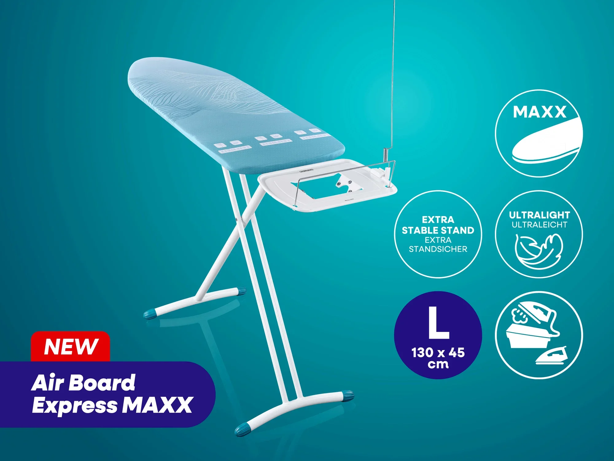 Bügeltisch Air Board Express MAXX von Leifheit in Blau. Der Tisch hat eine Größe von 130 x 45 cm und bietet einen extra stabilen Stand. Er ist ultraleicht und ideal für effizientes Bügeln.