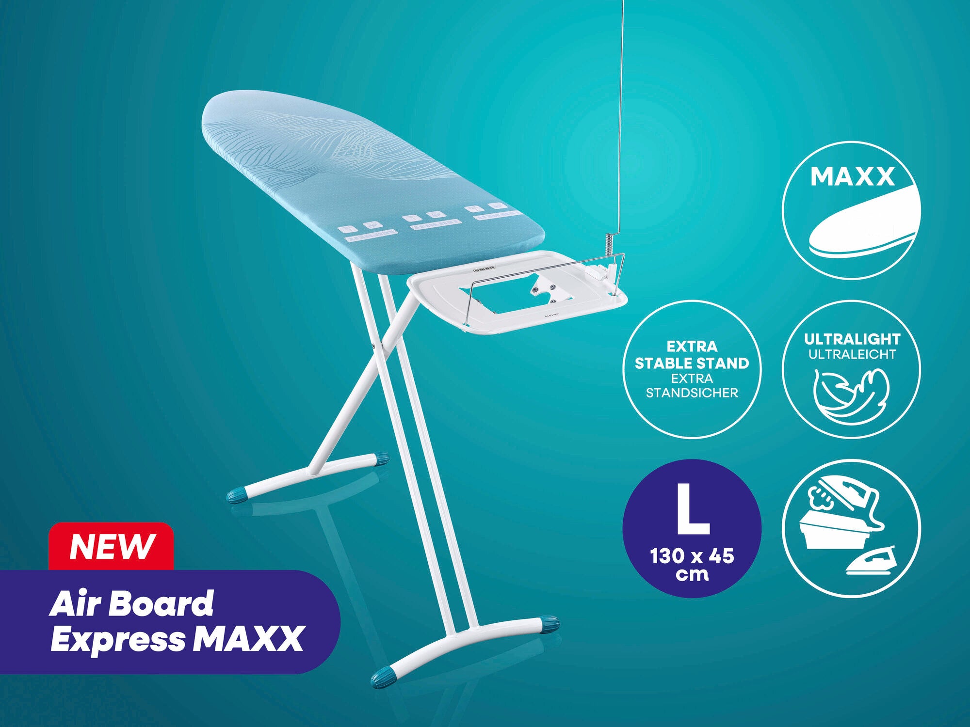 Bügeltisch Air Board Express MAXX von Leifheit in Blau. Der Tisch hat eine Größe von 130 x 45 cm und bietet einen extra stabilen Stand. Er ist ultraleicht und ideal für effizientes Bügeln.