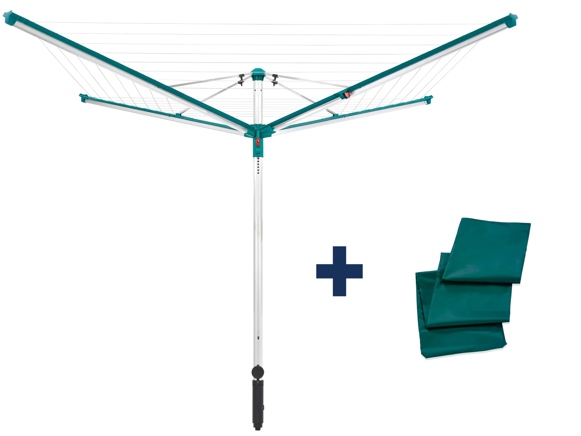 Wäschespinne Linomatic 500 Deluxe mit robustem Gestell und mehreren Leinen für effizientes Trocknen im Freien. Inklusive Schutzhülle für zusätzlichen Schutz. Ideal für große Wäschemengen.