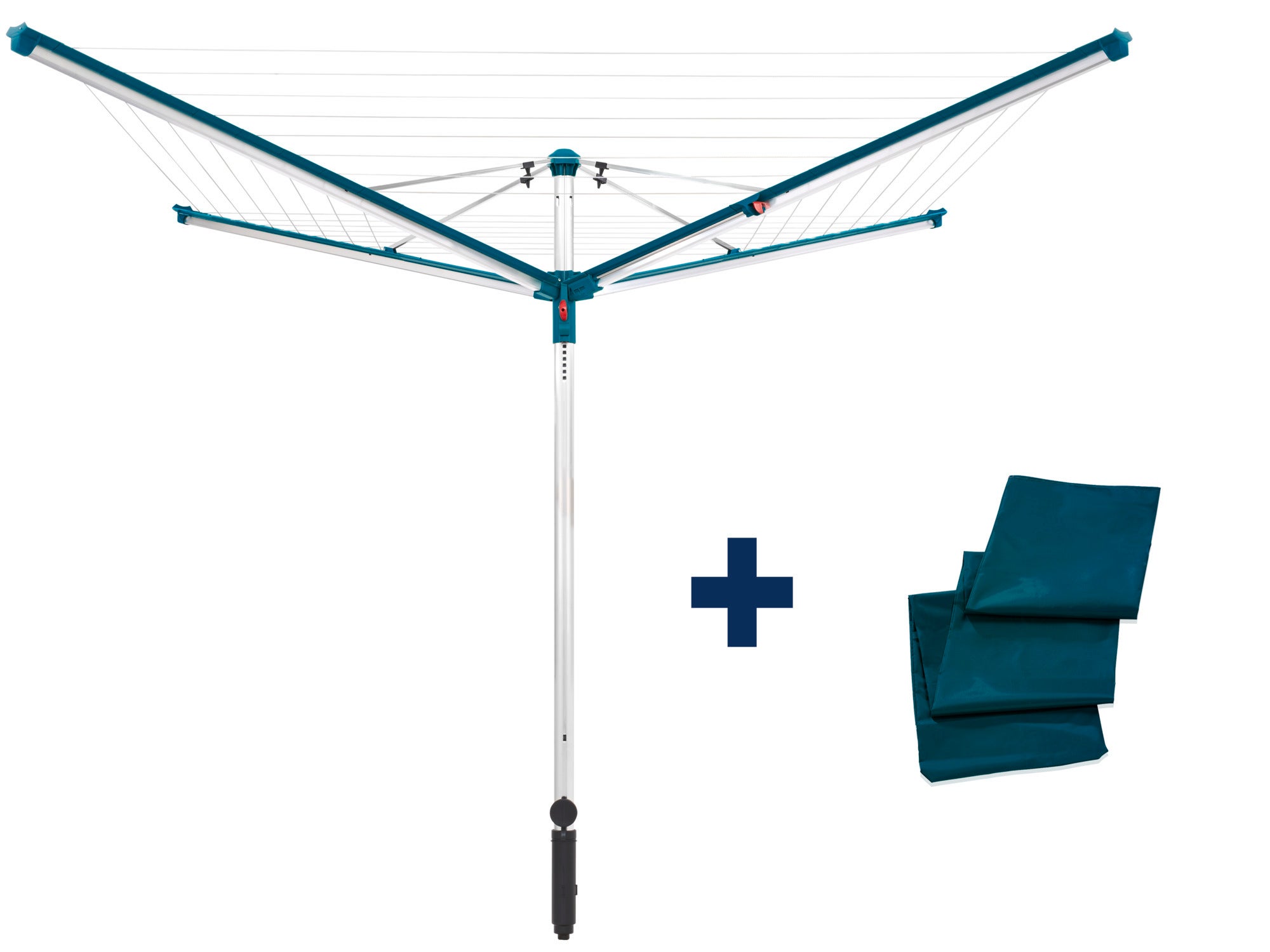 Linomatic 500 Deluxe rotary clothes dryer with sturdy frame and multiple lines for efficient outdoor drying. Includes protective cover for additional protection. Ideal for large amounts of laundry.