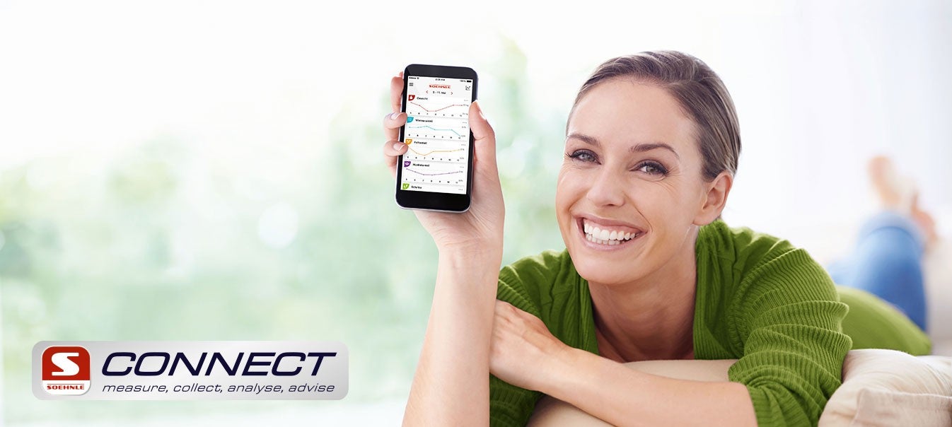 Eine laechelnde Frau in gruenem Pullover haelt ein Smartphone mit Diagrammen, im Hintergrund verschwommen. Logo unten links: CONNECT.