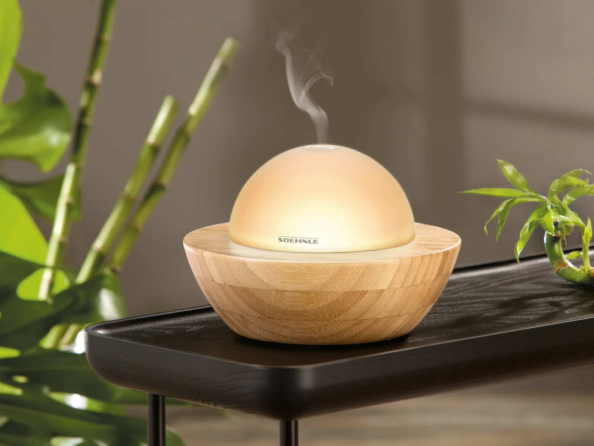 Modena designer aroma diffuser in a modern room. The diffuser has an elegant, round shape and is made of wood. It emits gentle steam and creates a calming atmosphere.