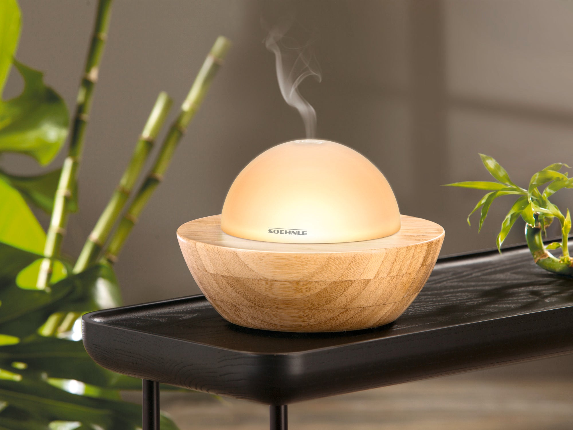 Modena design aroma diffuser in een moderne kamer. De diffuser heeft een elegante, ronde vorm en is gemaakt van hout. Hij verspreidt een zachte damp en creëert een rustgevende sfeer.
