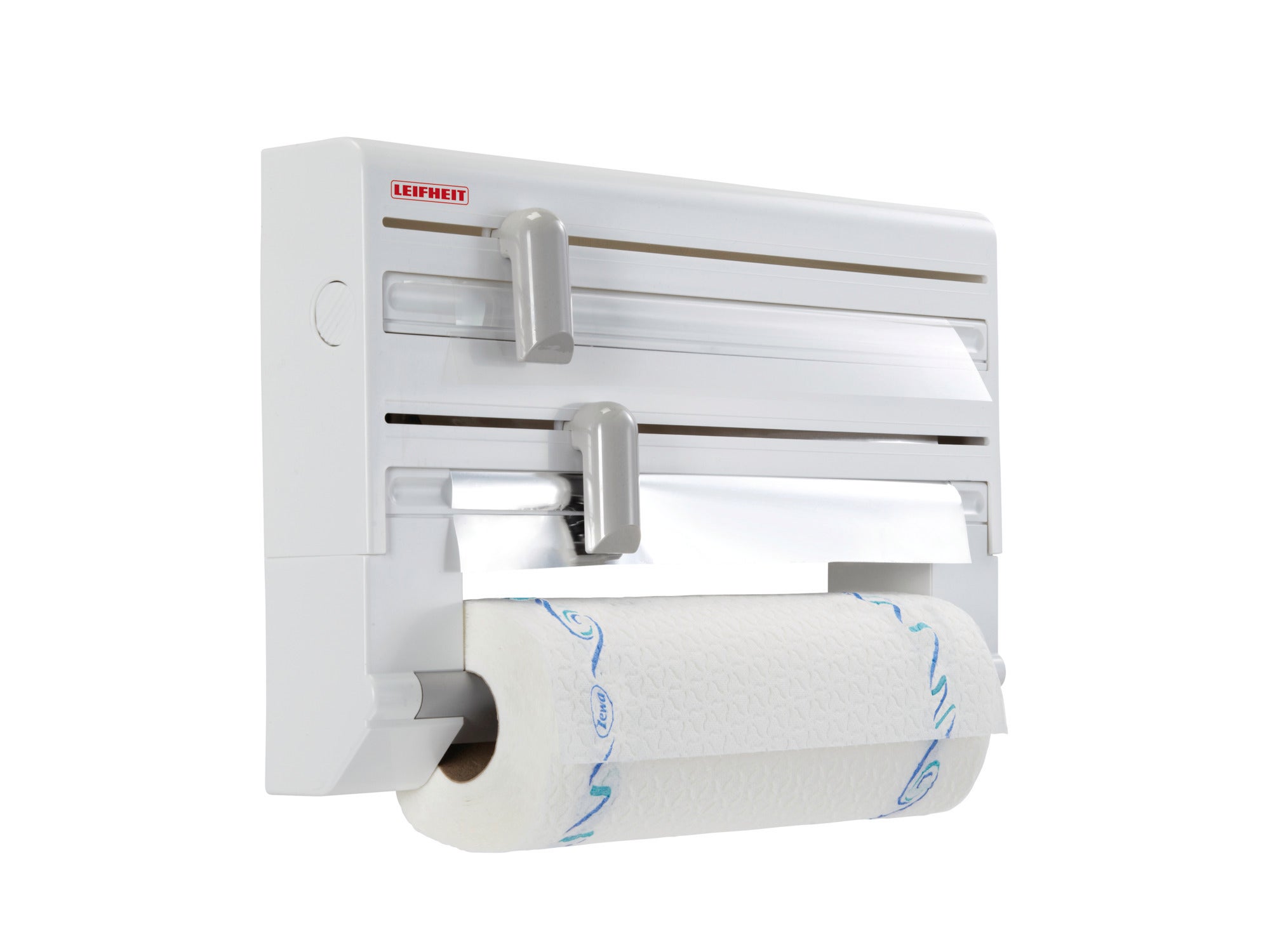 Support mural à rouleaux Parat de Leifheit : un support pratique pour les rouleaux de papier essuie-tout, le papier aluminium et le film alimentaire. En plastique robuste, idéal pour un montage mural.