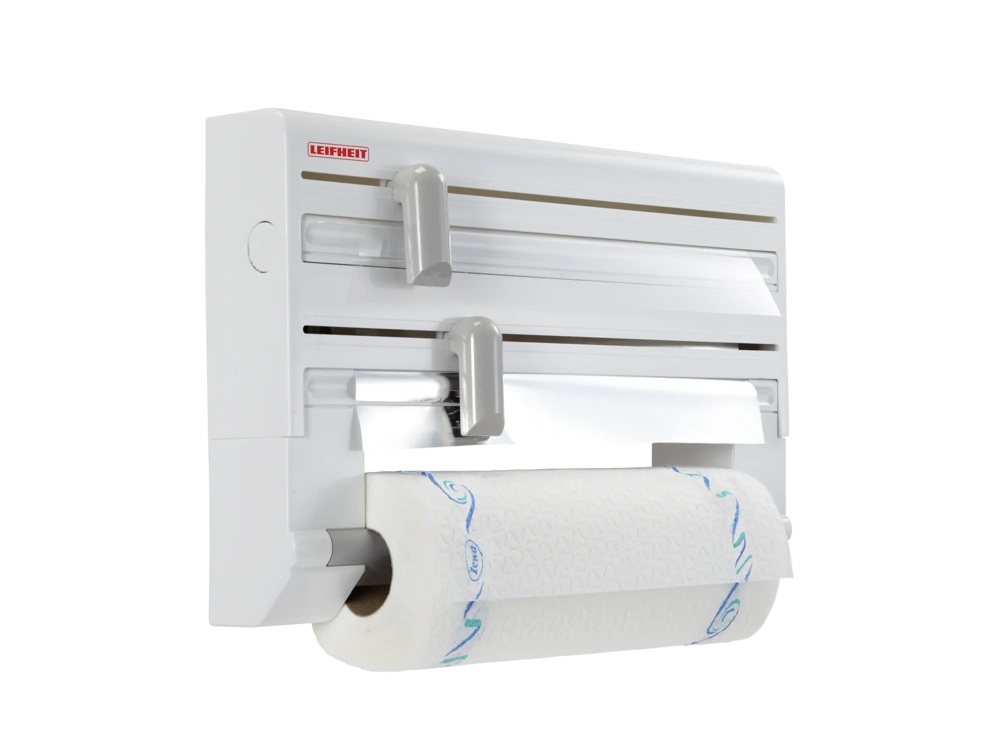 Parat muurrolhouder van Leifheit: Een praktische houder voor keukenrollen, aluminiumfolie en huishoudfolie. Gemaakt van robuuste kunststof, ideaal voor wandmontage.