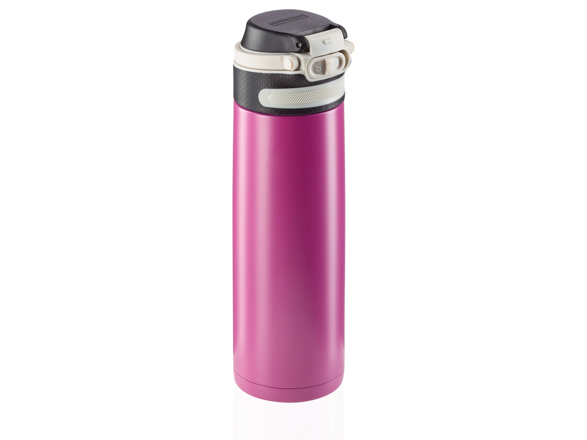 Isolierbecher Flip 600ml in Lila. Der Becher hat einen praktischen Klappdeckel und ist ideal für unterwegs. Hält Getränke lange warm oder kalt. Perfekt für Pendler.