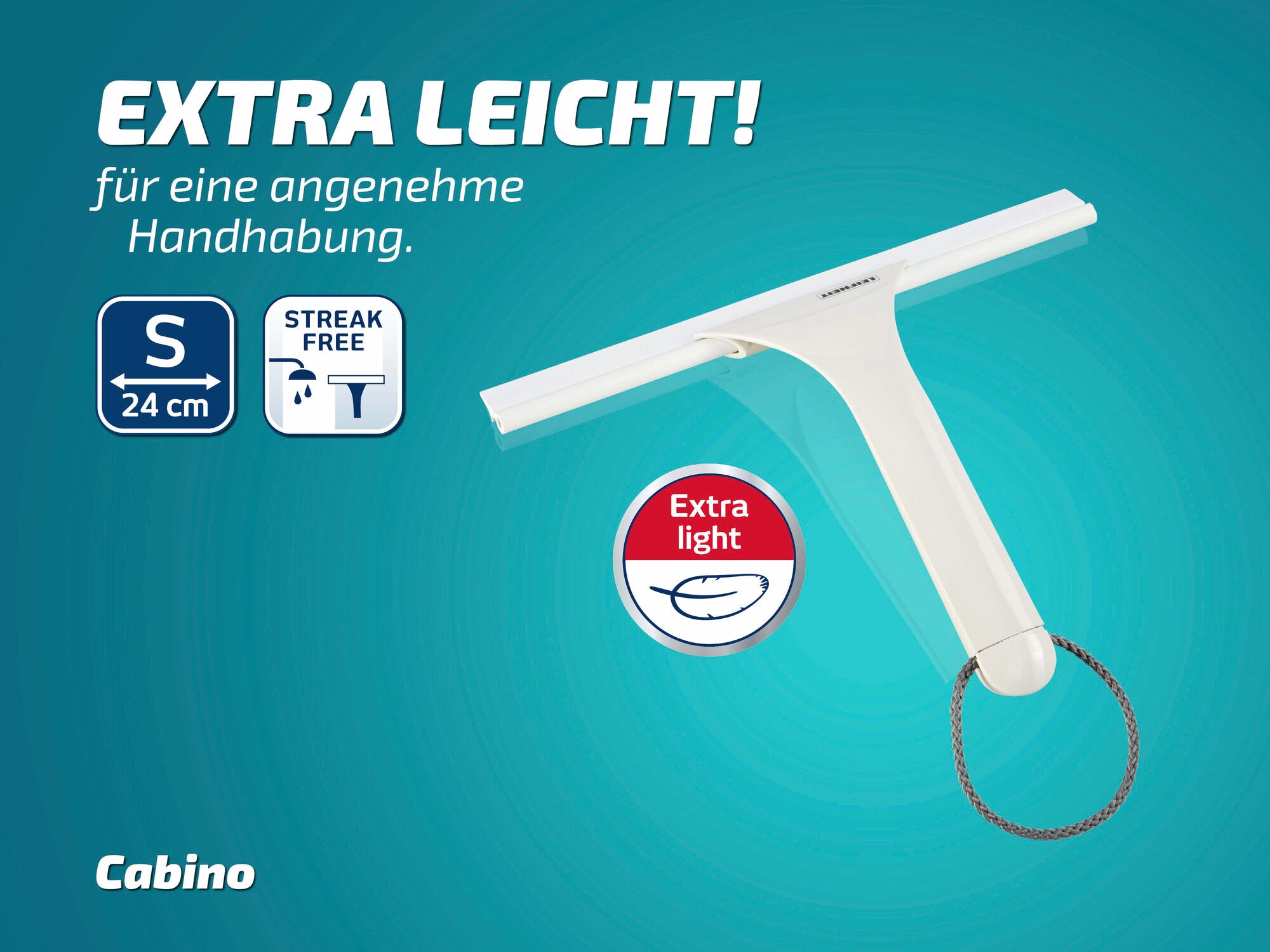 Der Leifheit Duschkabinenabzieher Cabino ist extra leicht für eine angenehme Handhabung. Er hat eine Breite von 24 cm und sorgt für streifenfreie Sauberkeit. Ideal für die tägliche Nutzung in der Dusche.