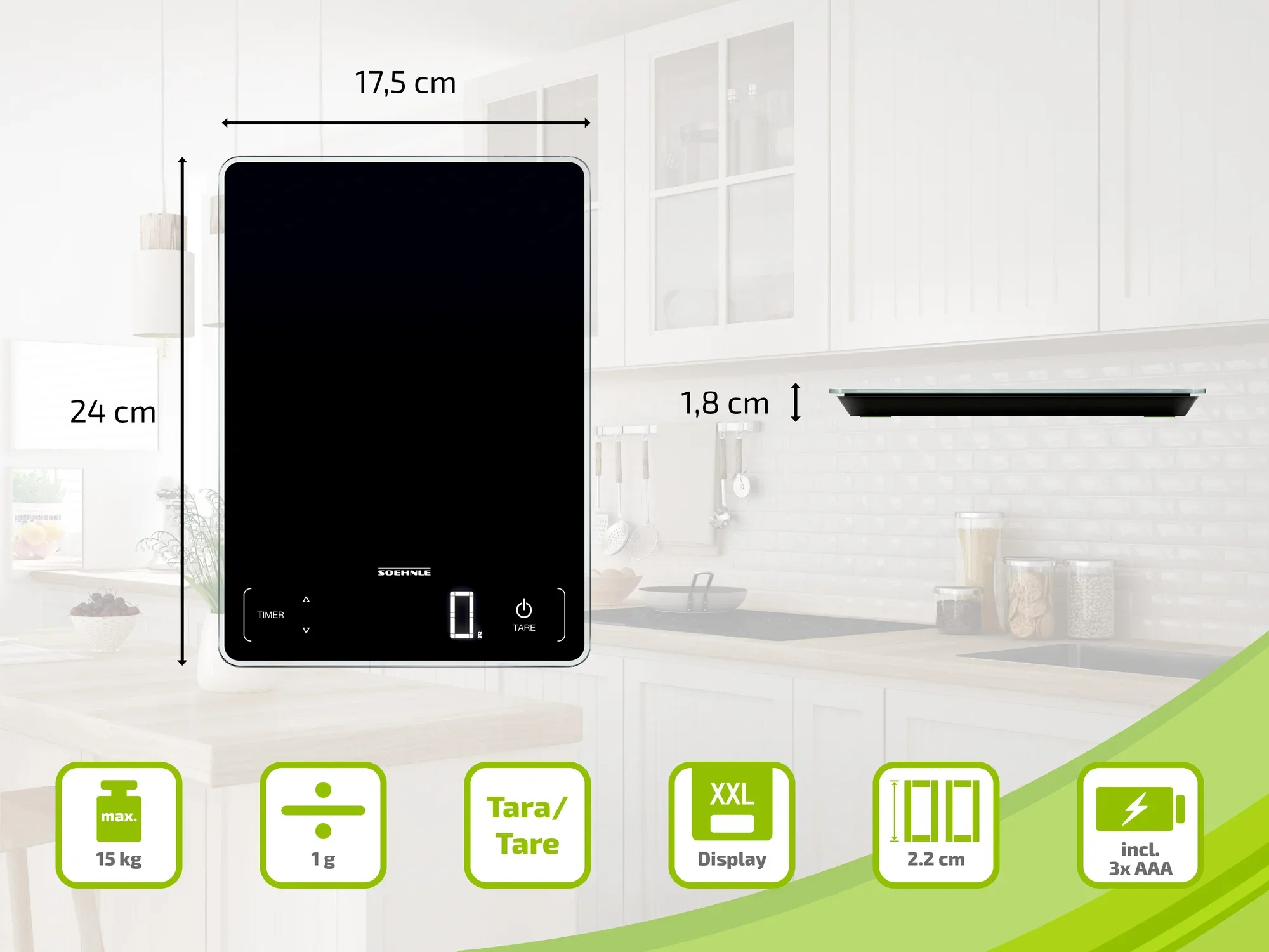 Digitale keukenweegschaal van Soehnle in zwart, afmetingen 24 x 17,5 x 1,8 cm. Maximaal weegvermogen 15 kg, tarrafunctie, XXL-display, 2,2 cm hoog. Inclusief 3 AAA-batterijen.