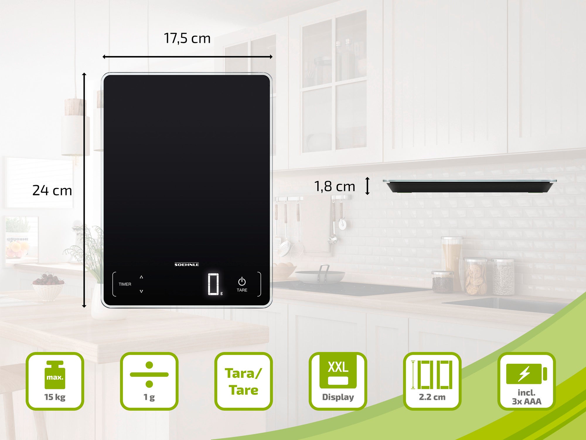 Digital kitchen scales from Soehnle in black, measuring 24 x 17.5 x 1.8 cm. Maximum load capacity 15 kg, tare function, XXL display, 2.2 cm high. Includes 3 AAA batteries.