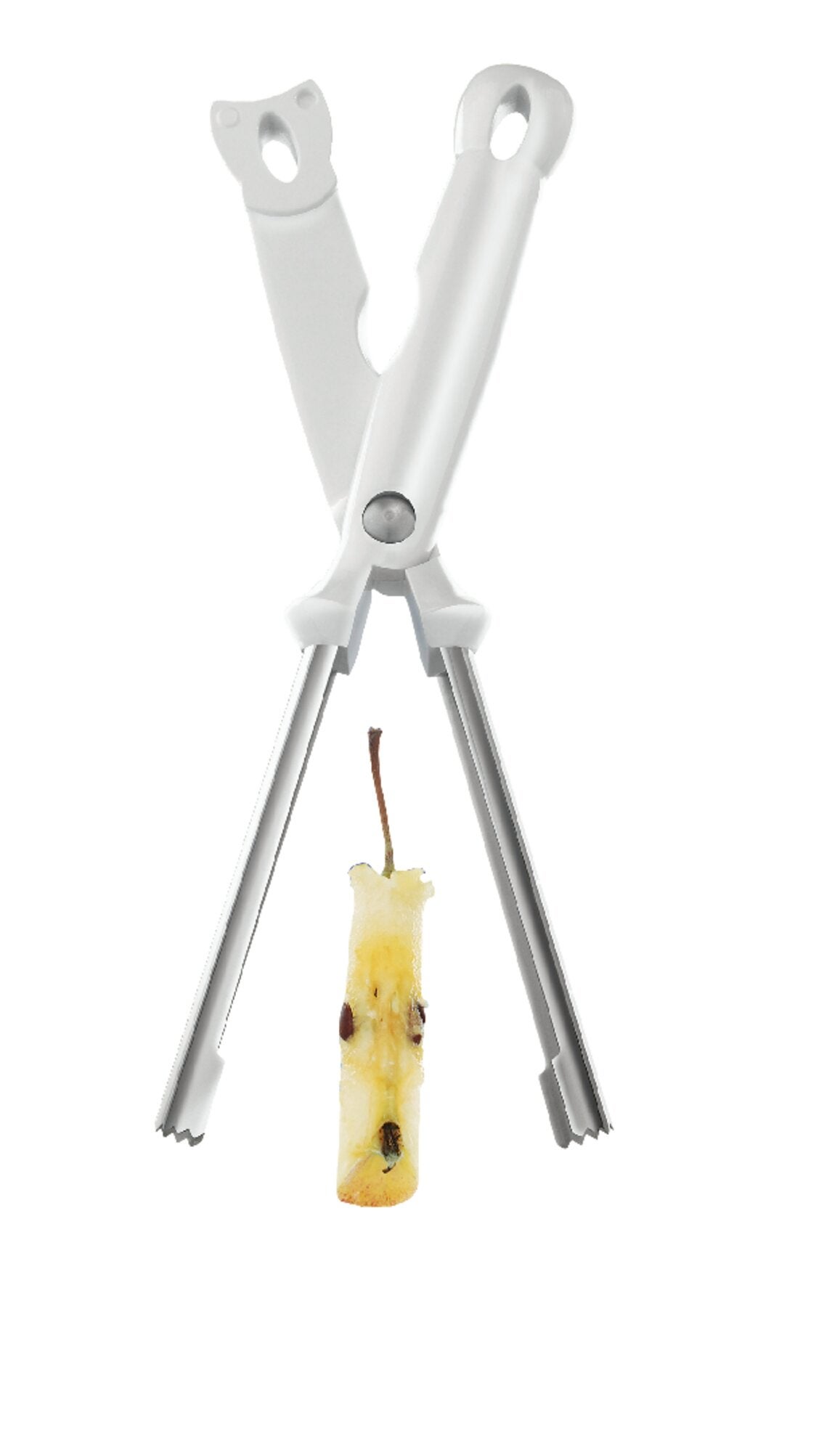 A white kitchen tool resembling scissors holds a bitten apple core vertically against a plain white background.