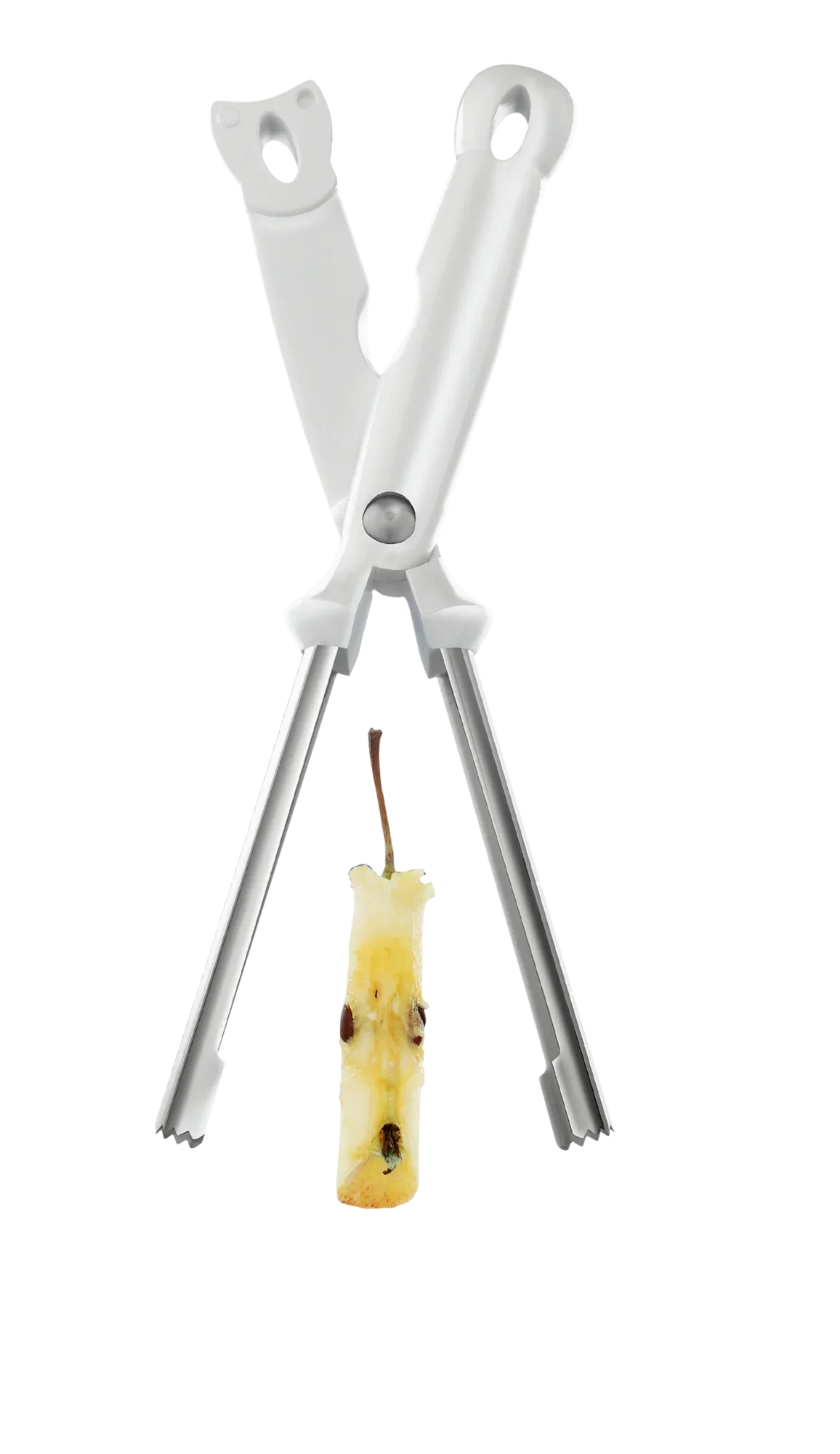 Obieraczka do jabłek Exact w akcji. Zdjęcie przedstawia białe narzędzie kuchenne usuwające ogryzek z jabłka. Idealny do szybkiego i czystego obierania jabłek.