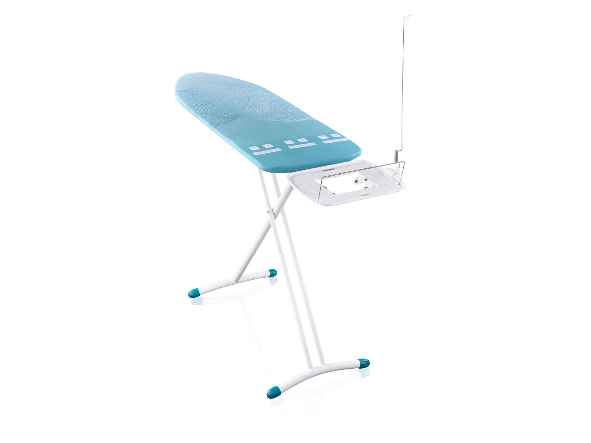 Bügelbrett Leifheit AirBoard Express L Solid MAXX in Blau mit stabilen weißen Beinen und einer integrierten Ablage für das Bügeleisen. Ideal für effizientes Bügeln.