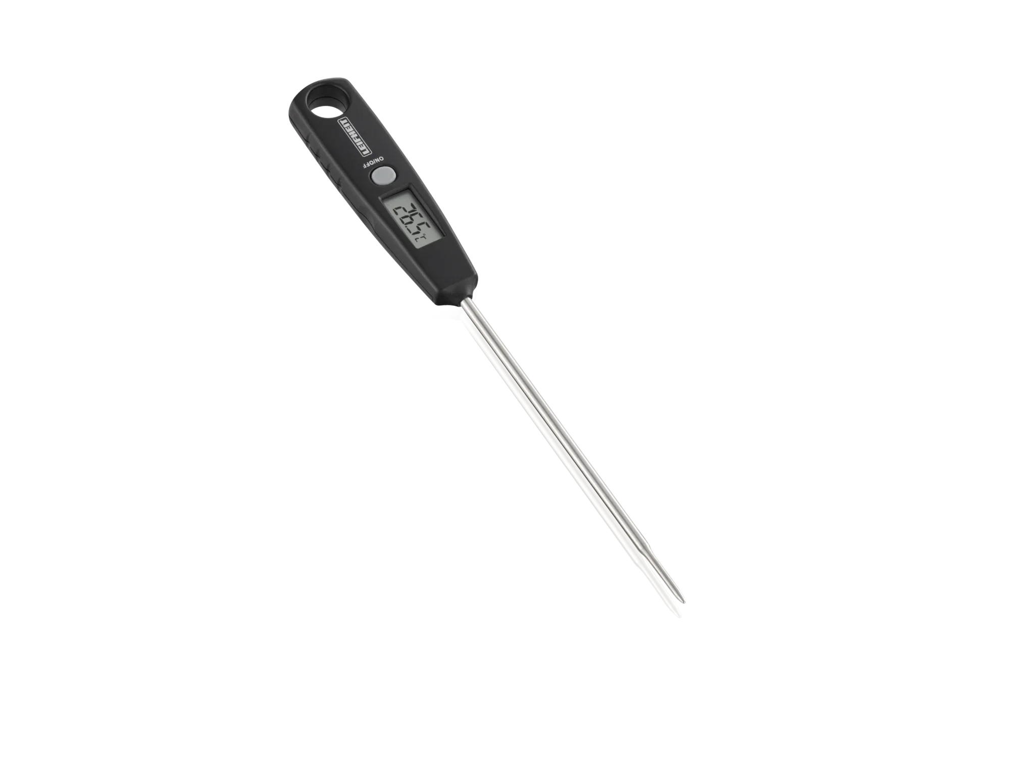 Digitale universele thermometer met zwart handvat en lange metalen sonde. Ideaal voor het nauwkeurig meten van temperaturen in verschillende toepassingen. Perfect voor de keuken en het laboratorium.