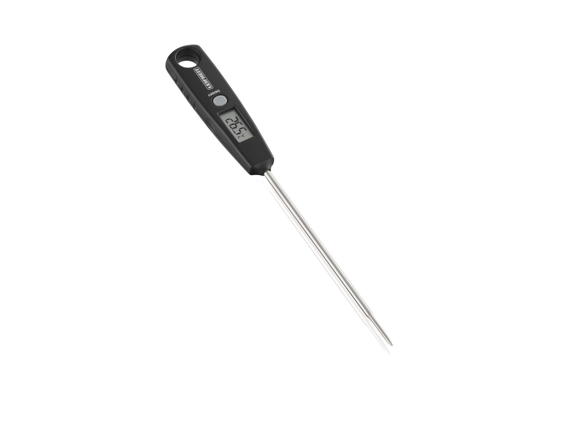 Digitales Universalthermometer mit schwarzem Griff und langer Metallsonde. Ideal zum präzisen Messen von Temperaturen in verschiedenen Anwendungen. Perfekt für Küche und Labor.