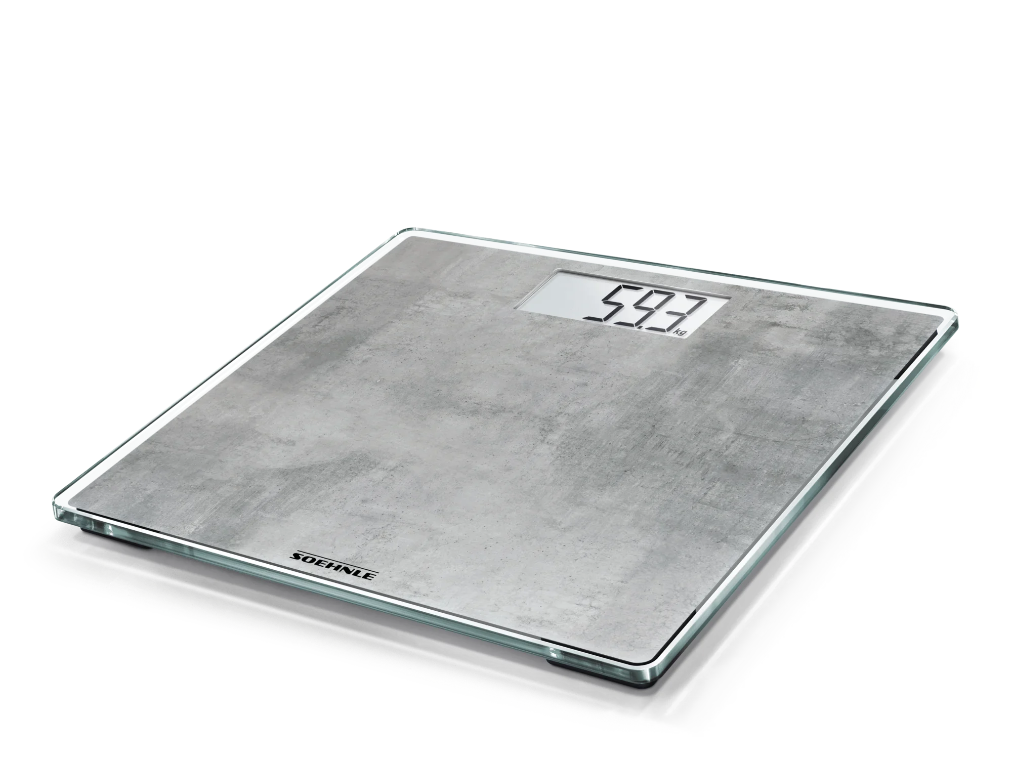 Cyfrowa waga łazienkowa Style Sense Compact 300 o wyglądzie betonu. Waga pokazuje masę 59,7 kg na czytelnym, przejrzystym wyświetlaczu. Idealna do nowoczesnych łazienek.