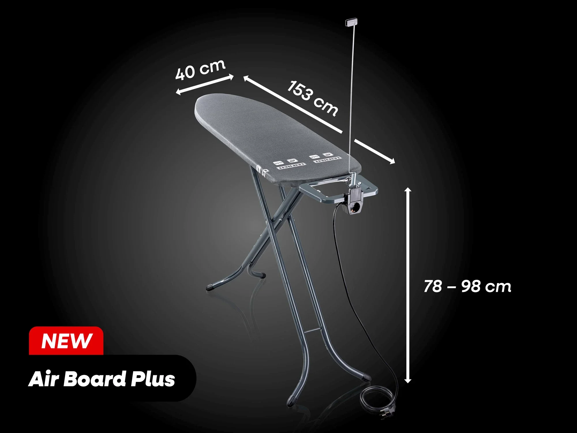Bügeltisch Air Board Plus von Leifheit in Schwarz. Maße: 153 cm Länge, 40 cm Breite, höhenverstellbar von 78 bis 98 cm. Stabiler Stand, ideal für effizientes Bügeln.
