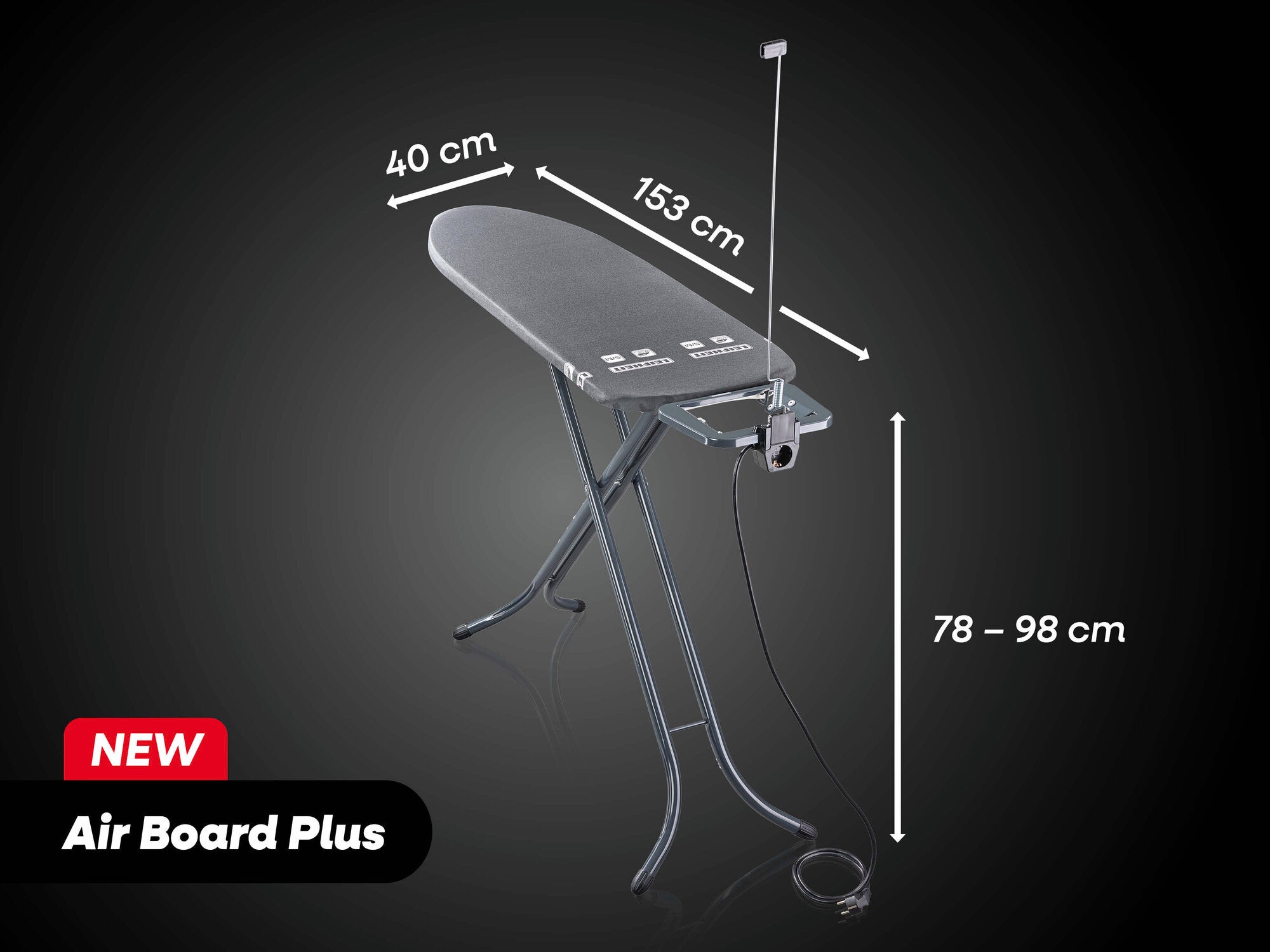 Bügeltisch Air Board Plus von Leifheit in Schwarz. Maße: 153 cm Länge, 40 cm Breite, höhenverstellbar von 78 bis 98 cm. Stabiler Stand, ideal für effizientes Bügeln.