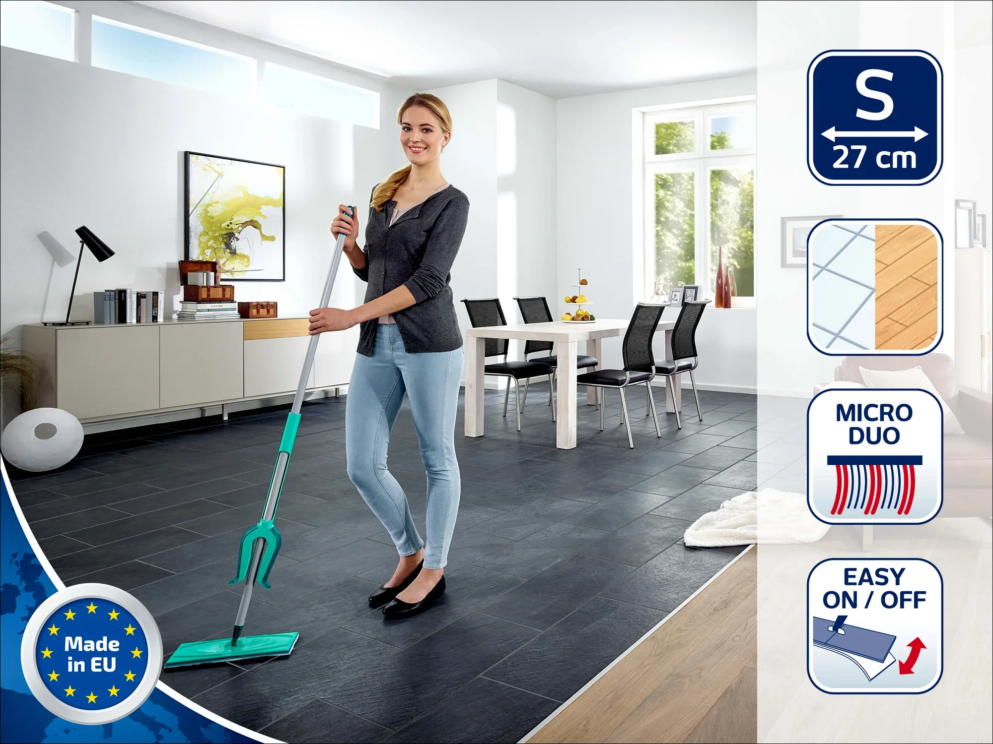 Eine Frau wischt den Boden in einem modernen Wohnzimmer mit dem Leifheit Bodenwischer Picobello S micro duo. Der Wischer hat eine Breite von 27 cm und ist mit einem Micro Duo Bezug ausgestattet.