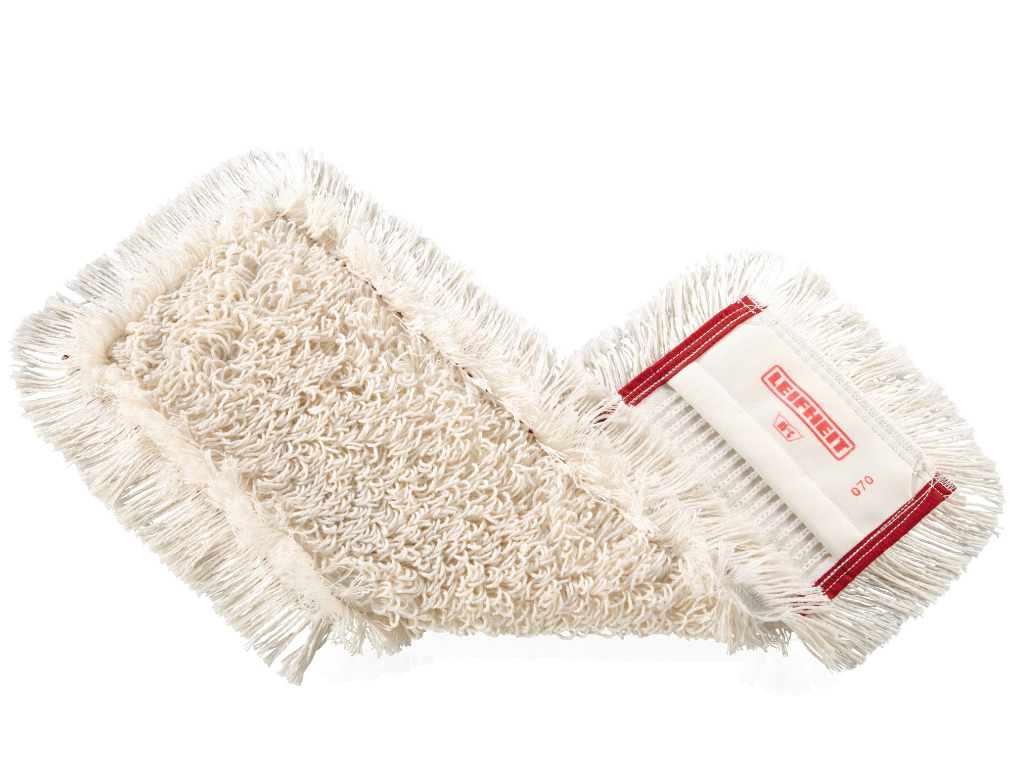 Un panno bianco professionale Tuft con dettagli rossi, ideale per la pulizia accurata dei pavimenti. Le frange dense garantiscono un'efficace raccolta dello sporco.