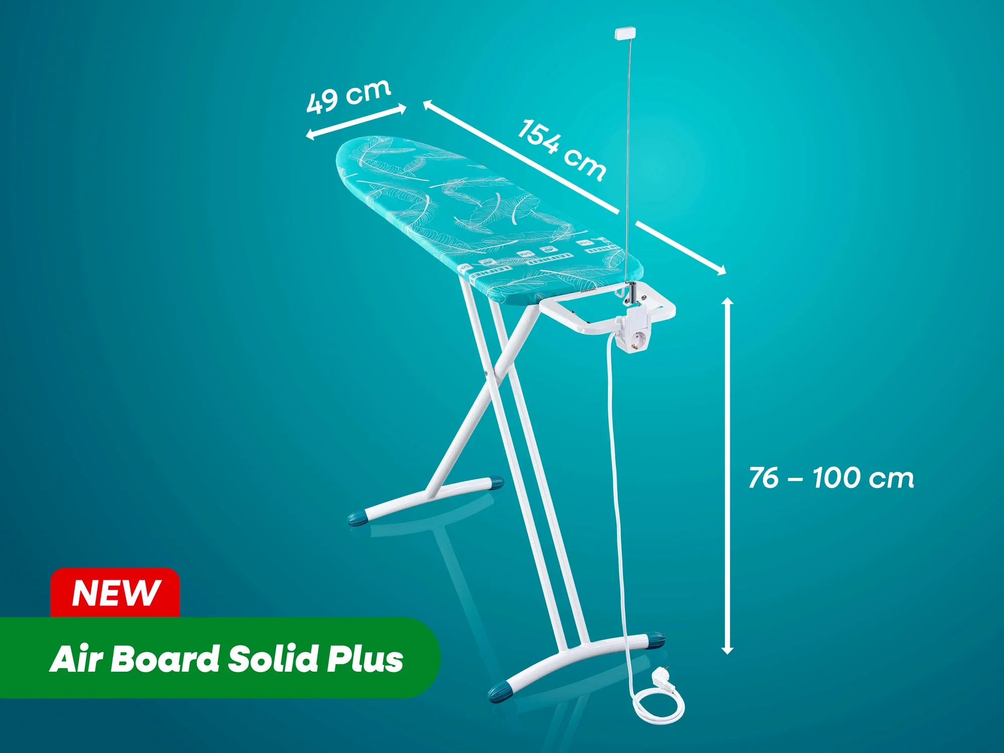 Bügeltisch von Leifheit mit dem Namen Air Board Solid Plus. Der Tisch ist 154 cm lang, 49 cm breit und höhenverstellbar von 76 bis 100 cm. Ideal für komfortables Bügeln.