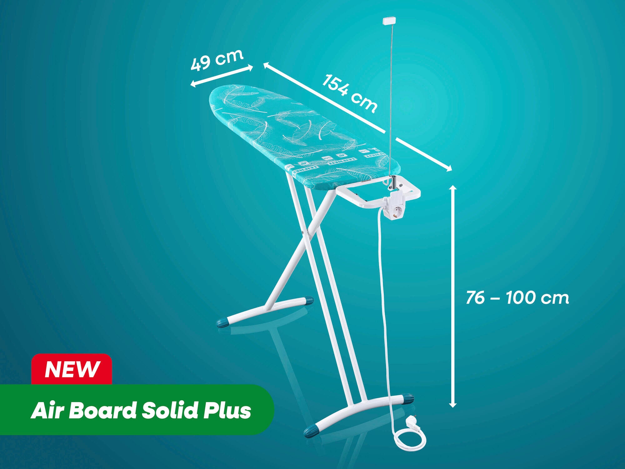 Bügeltisch von Leifheit mit dem Namen Air Board Solid Plus. Der Tisch ist 154 cm lang, 49 cm breit und höhenverstellbar von 76 bis 100 cm. Ideal für komfortables Bügeln.