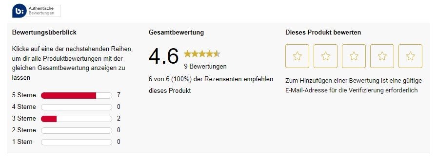 Produktuebersicht mit 4,6 von 5 Sternen aus 9 Bewertungen; 7 Bewertungen mit 5 Sternen, 2 mit 3 Sternen. Kundenempfehlung 100%.
