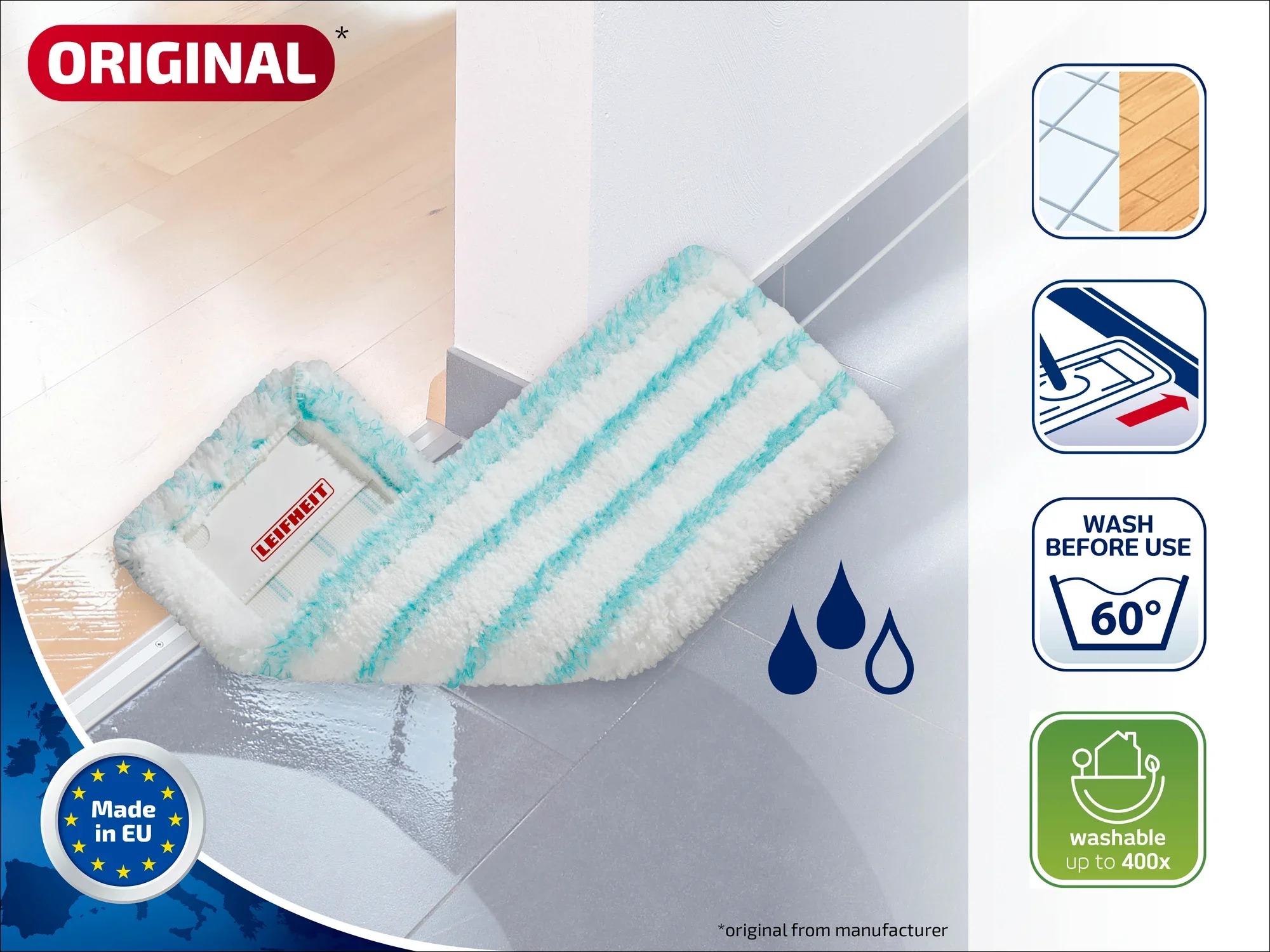A white and turquoise striped mop from Leifheit lies on a shiny floor. The product is washable at 60 degrees and reusable up to 400 times. Made in the EU.
