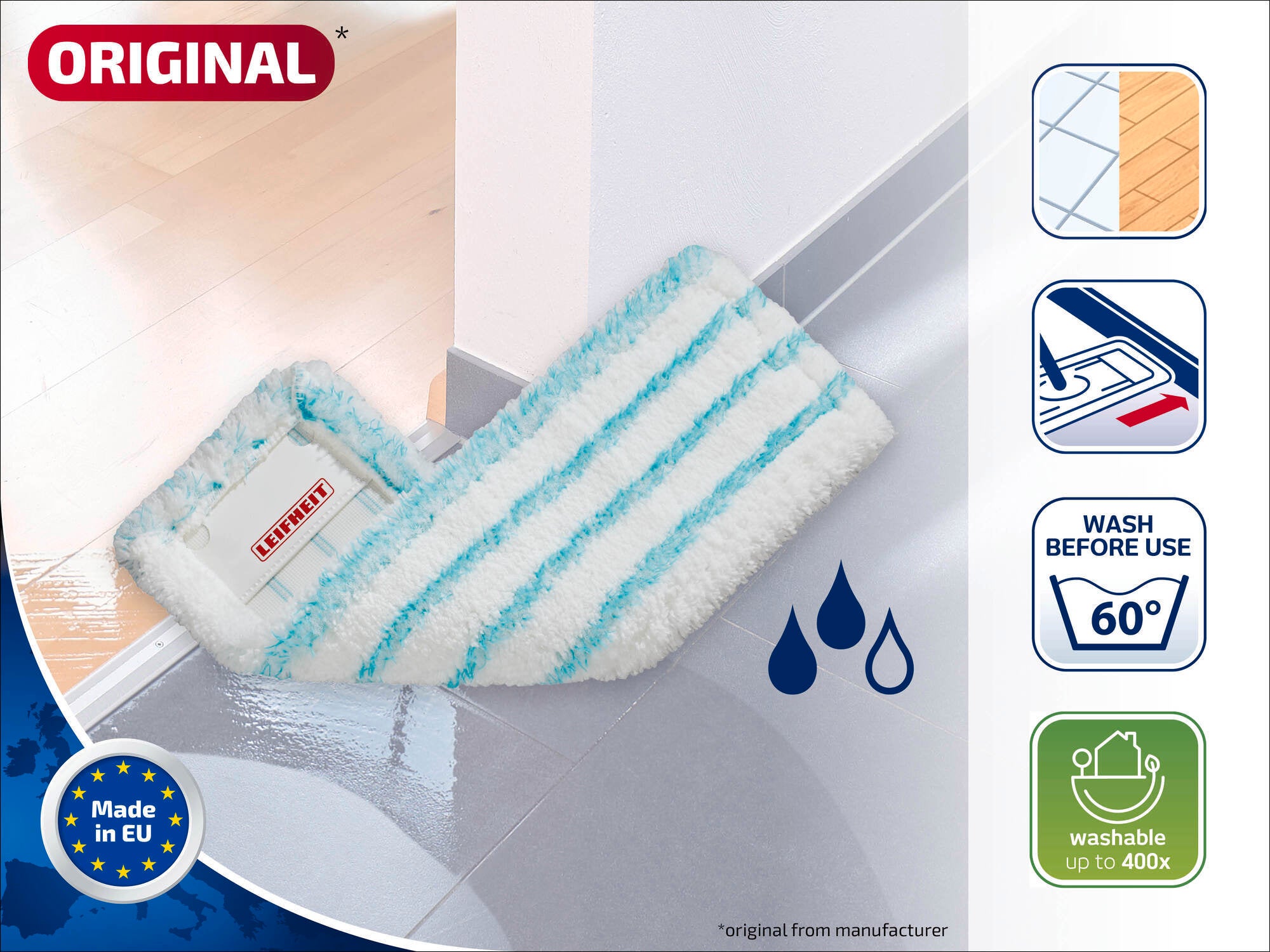 Ein weißer und türkis gestreifter Wischmopp von Leifheit liegt auf einem glänzenden Boden. Das Produkt ist waschbar bis 60 Grad und bis zu 400 Mal wiederverwendbar. Made in EU.