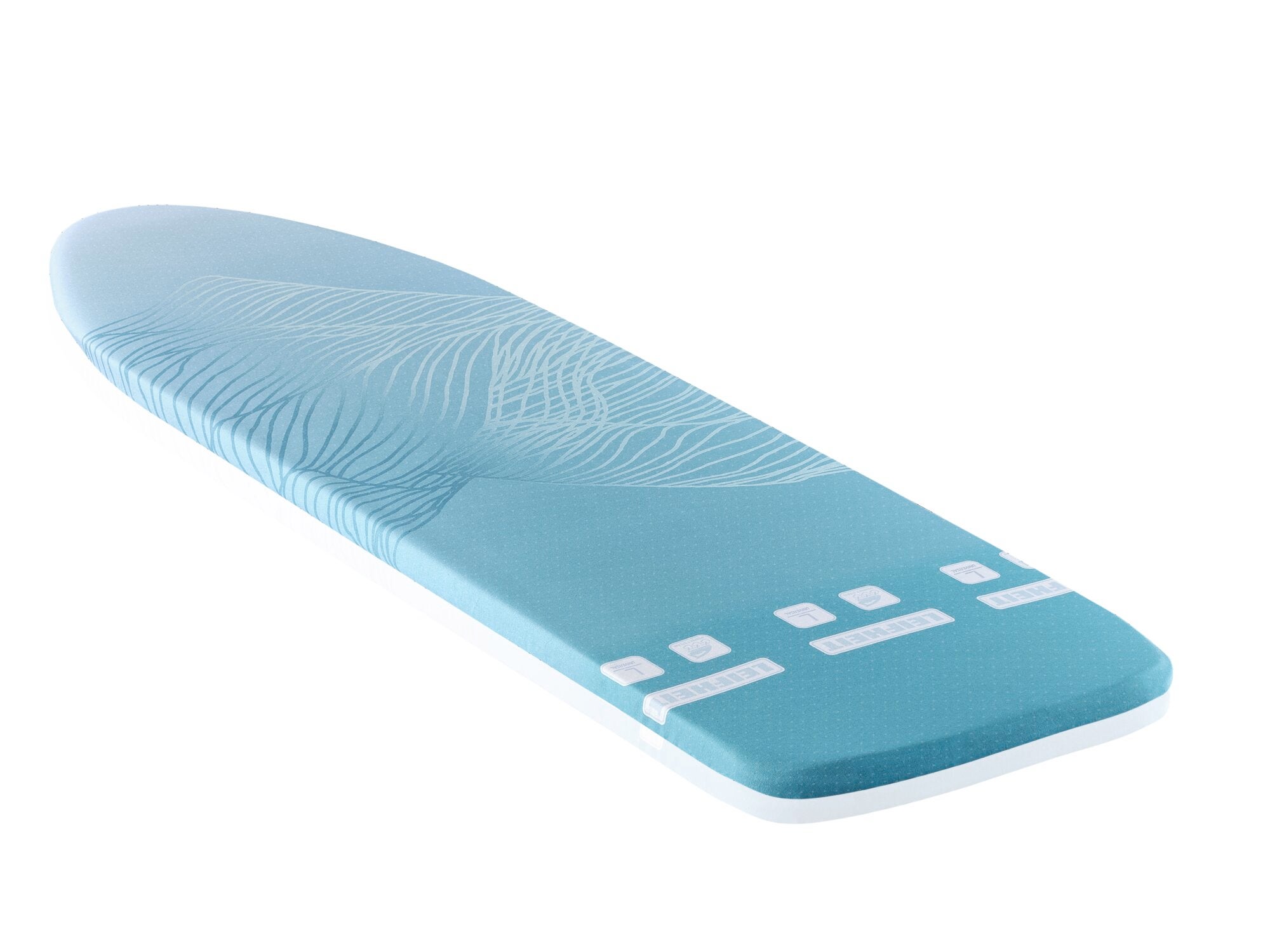 Bügelbrettbezug von Leifheit, Modell "Perfect Steam Air Board Express". Der Bezug ist in einem hellblauen Farbton gehalten und zeigt ein dezentes Blattmuster. Ideal für Dampfbügeleisen.