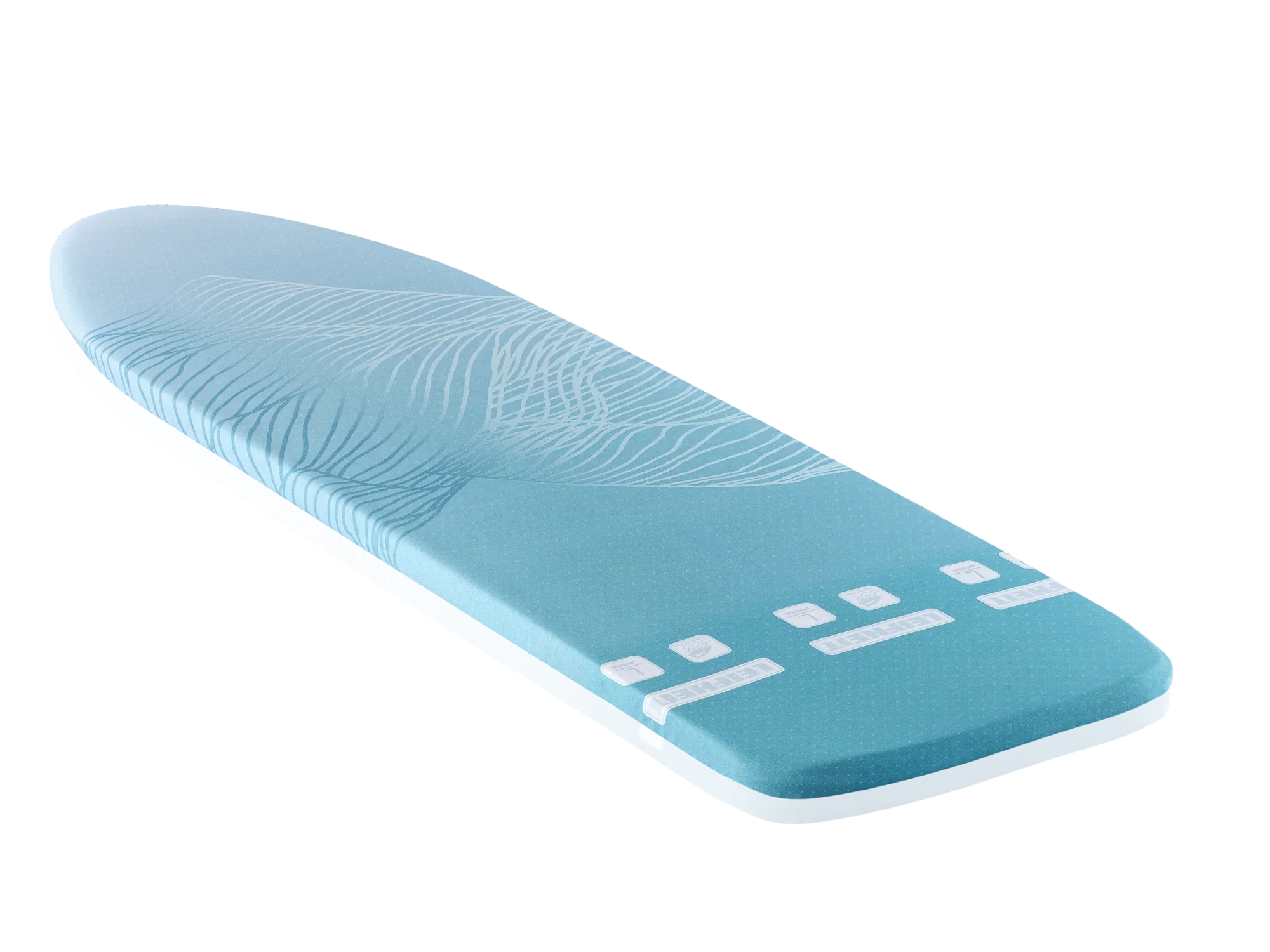 Bügelbrettbezug von Leifheit, Modell "Perfect Steam Air Board Express". Der Bezug ist in einem hellblauen Farbton gehalten und zeigt ein dezentes Blattmuster. Ideal für Dampfbügeleisen.