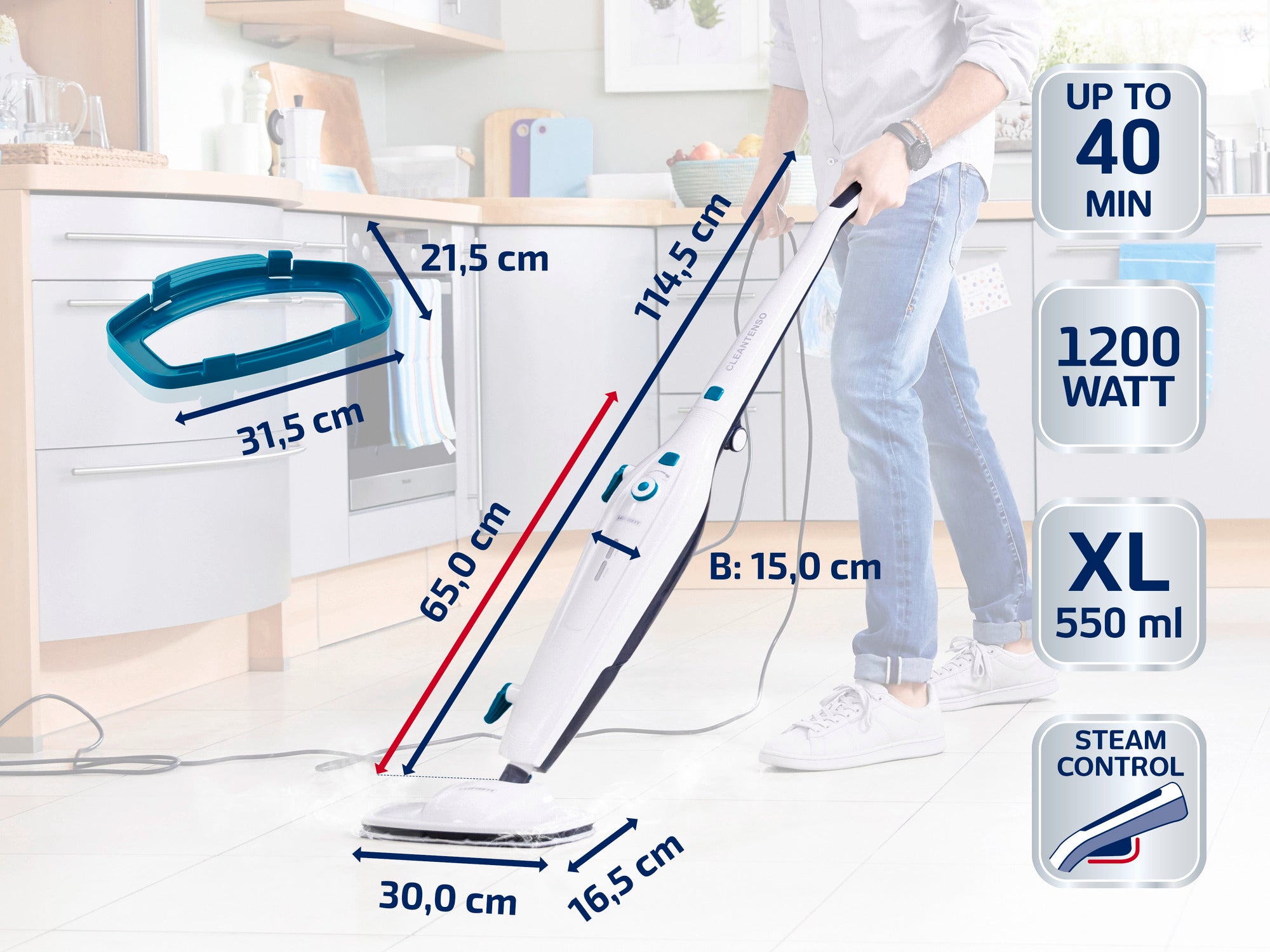 Ein Dampfreiniger mit einer Leistung von 1200 Watt und einer Betriebszeit von bis zu 40 Minuten. Er hat einen XL-Wassertank mit 550 ml und bietet Dampfkontrolle.