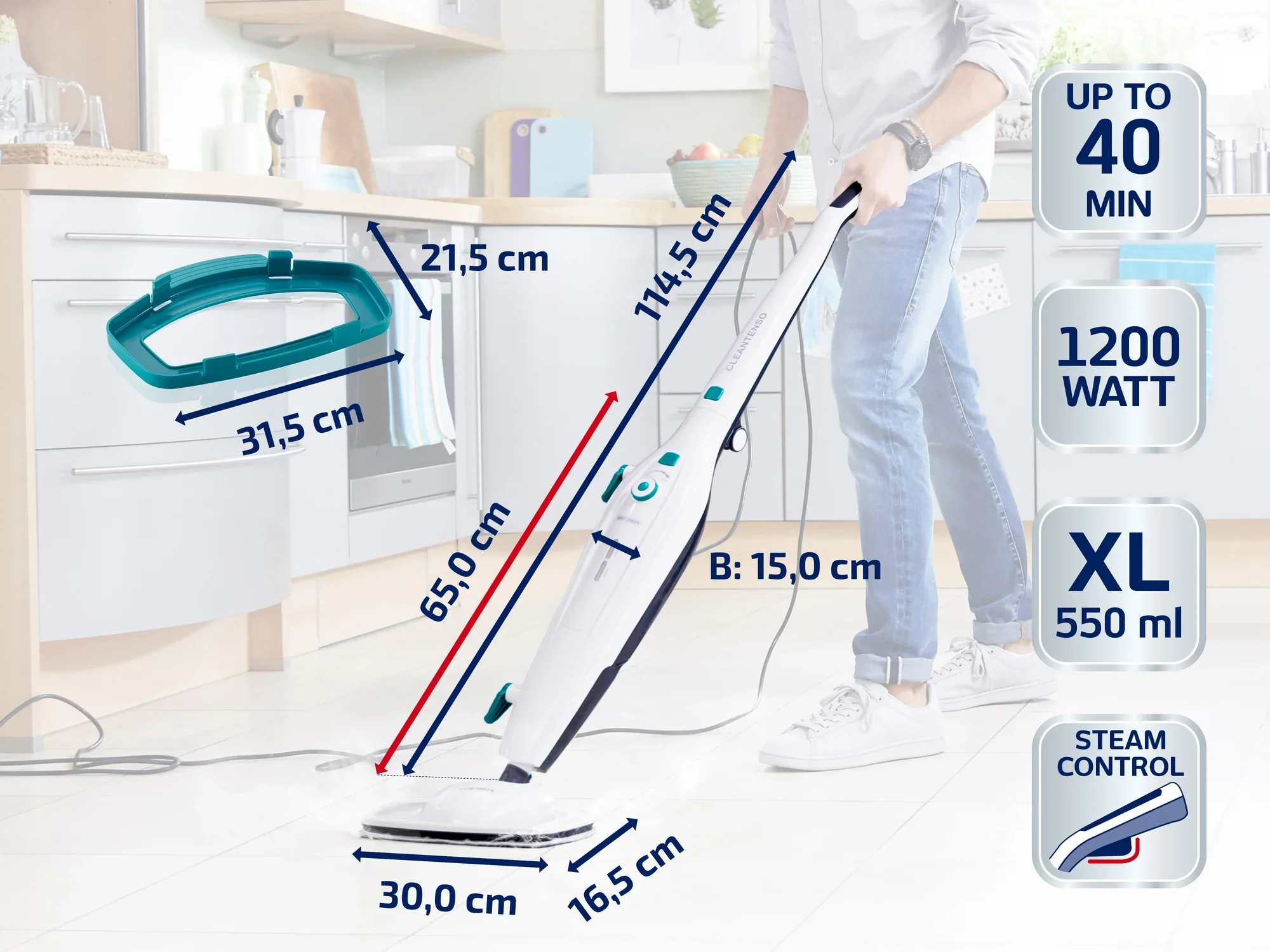 Ein Dampfreiniger mit einer Leistung von 1200 Watt und einer Betriebszeit von bis zu 40 Minuten. Er hat einen XL-Wassertank mit 550 ml und bietet Dampfkontrolle.